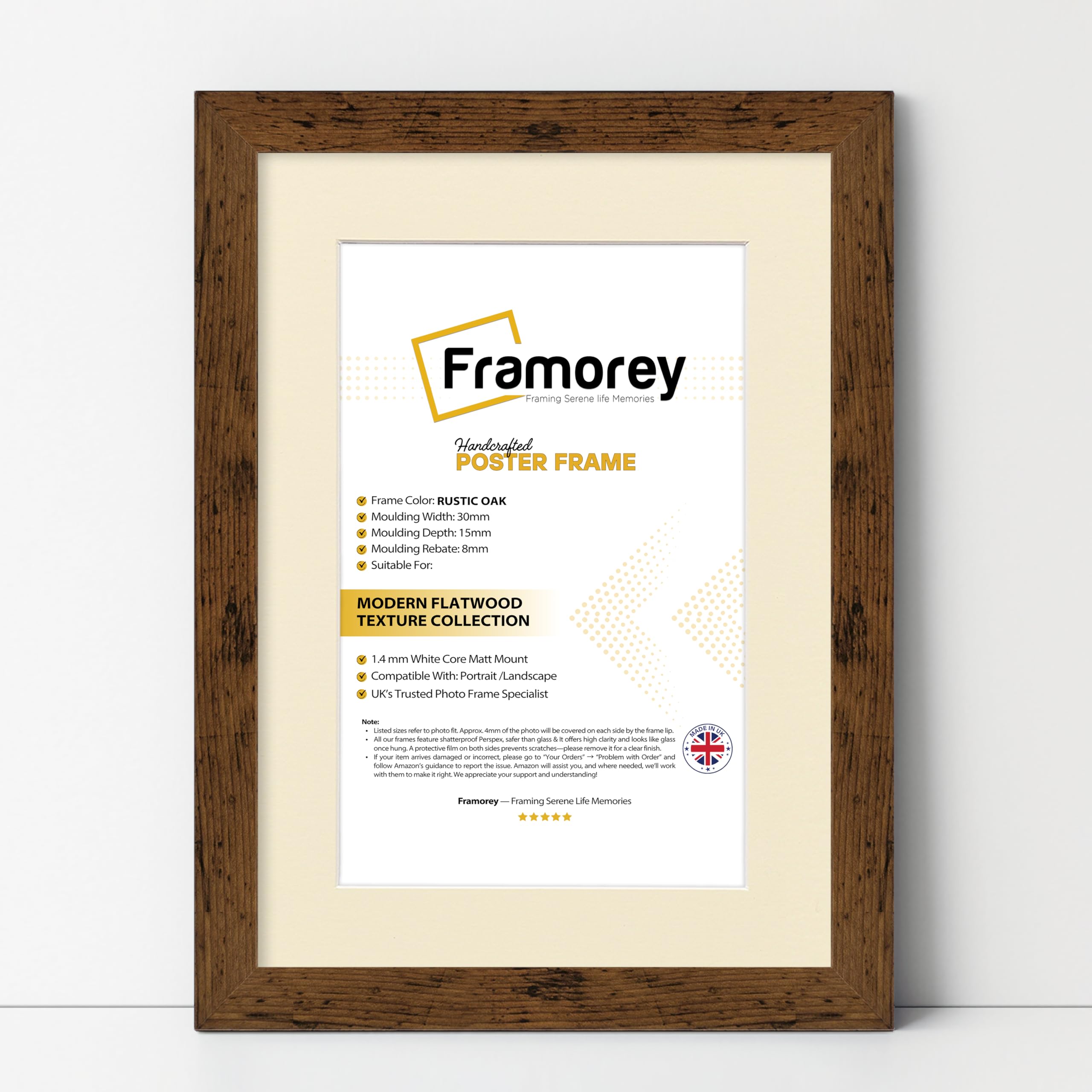 Framorey Framing Serene Life Memories Rustic Oak With Ivory Mount Framorey Oxford Flat Wooden Effect Picture Frame, Rustic Oak 14X12 Size Photo Frame With 12X10 Ivory Mount, Handmade Wall Art Poster Frame, Best Living Room Photo Frames