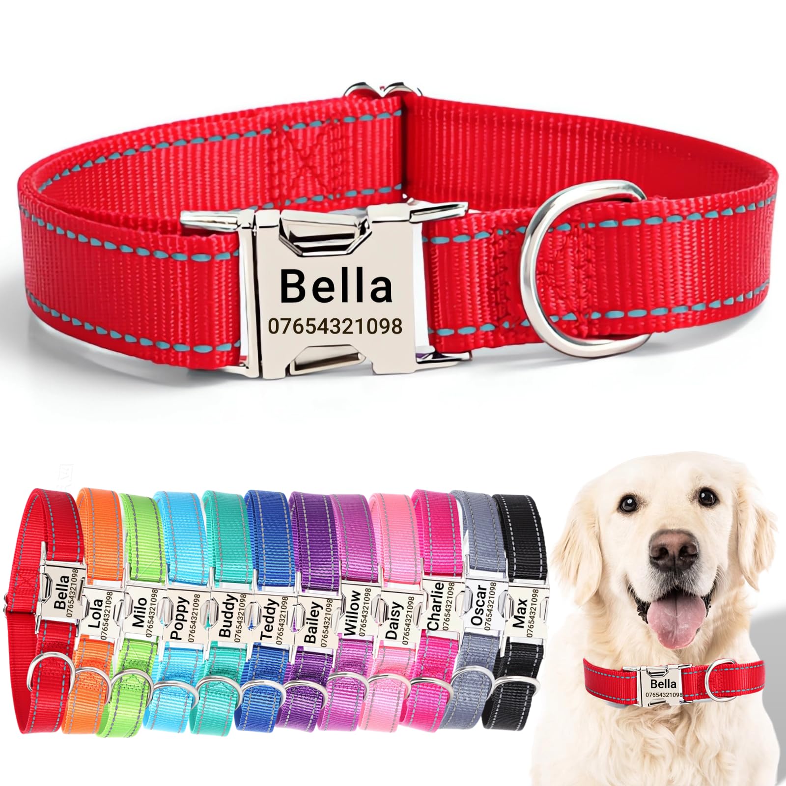 SEOUGEE Personalised Dog Collar with Engraved Metal Buckle, Reflective Nylon Collars for Small Medium Large Dogs with Custom Name Plate Phone Number (Red, S:Neck 30-40cm,Width 1.5cm) — image 1