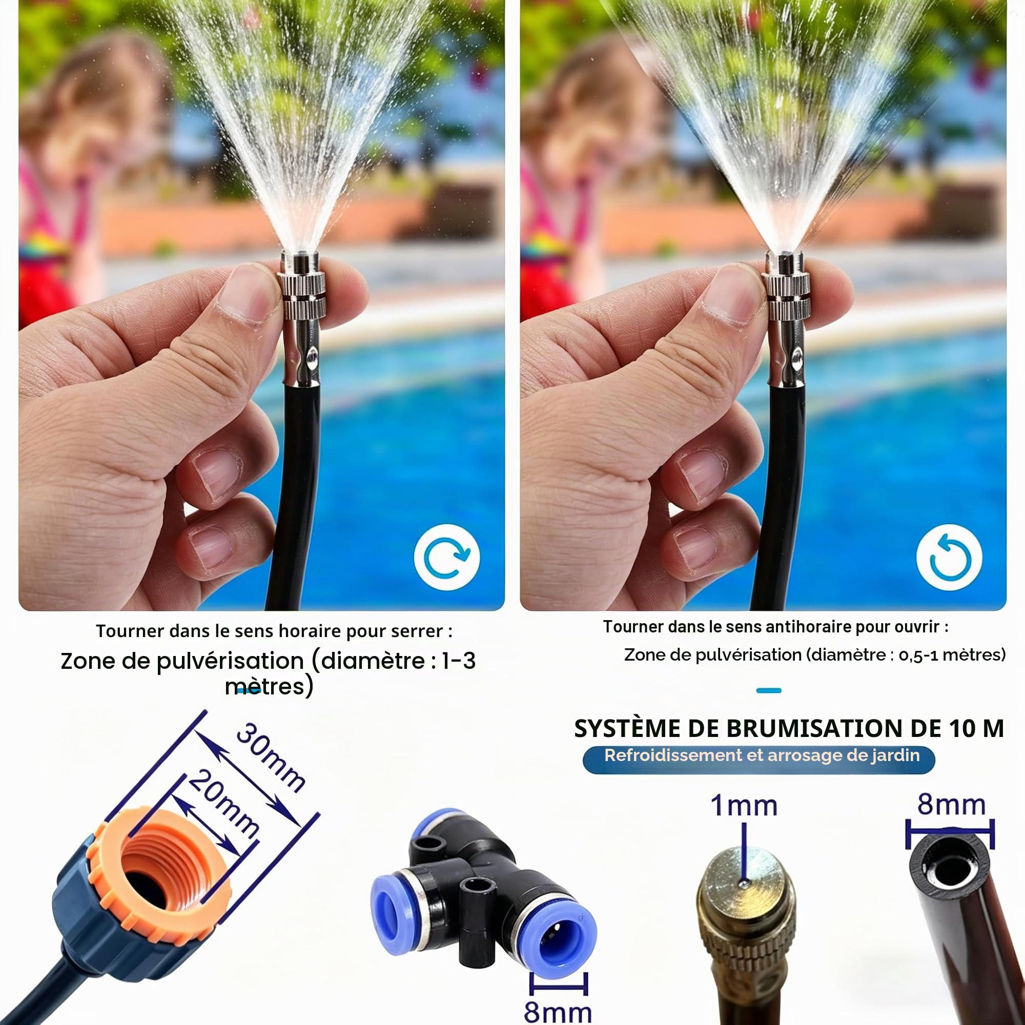 10M Brumisateur Terrasse, Système de Brumisation Extérieur Terrasse avec 10 Pièce Direction Réglable Buse +1 Pièce Adaptateur 3/4", Kit de Tuyau Brumisateur Jardin pour Parasol, Piscine