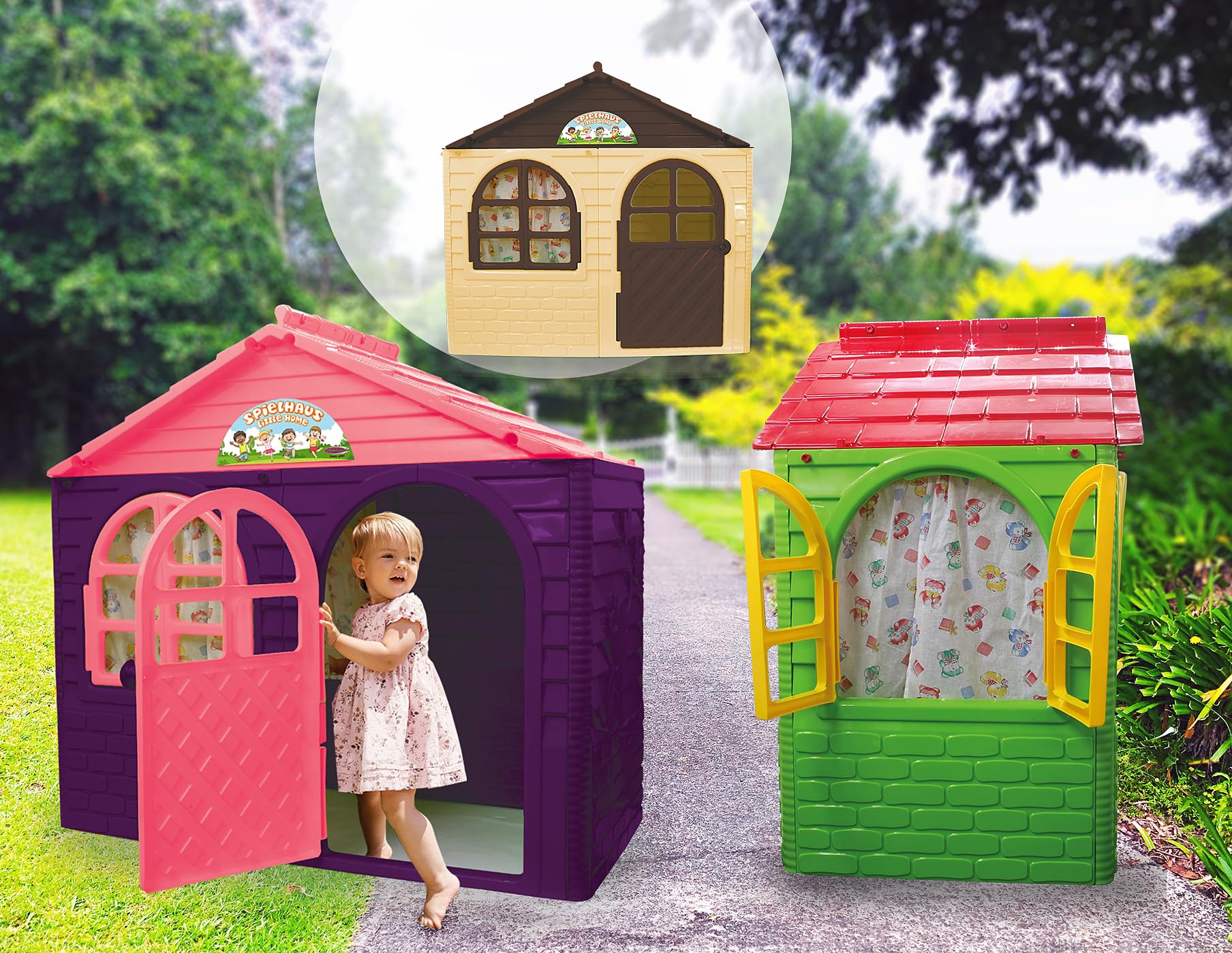 JAMARA Little Home 460498 - Casetta giocattolo in plastica robusta, montaggio stabile, facile da pulire, adatta per interni ed esterni, per porte e finestre si aprono, tende