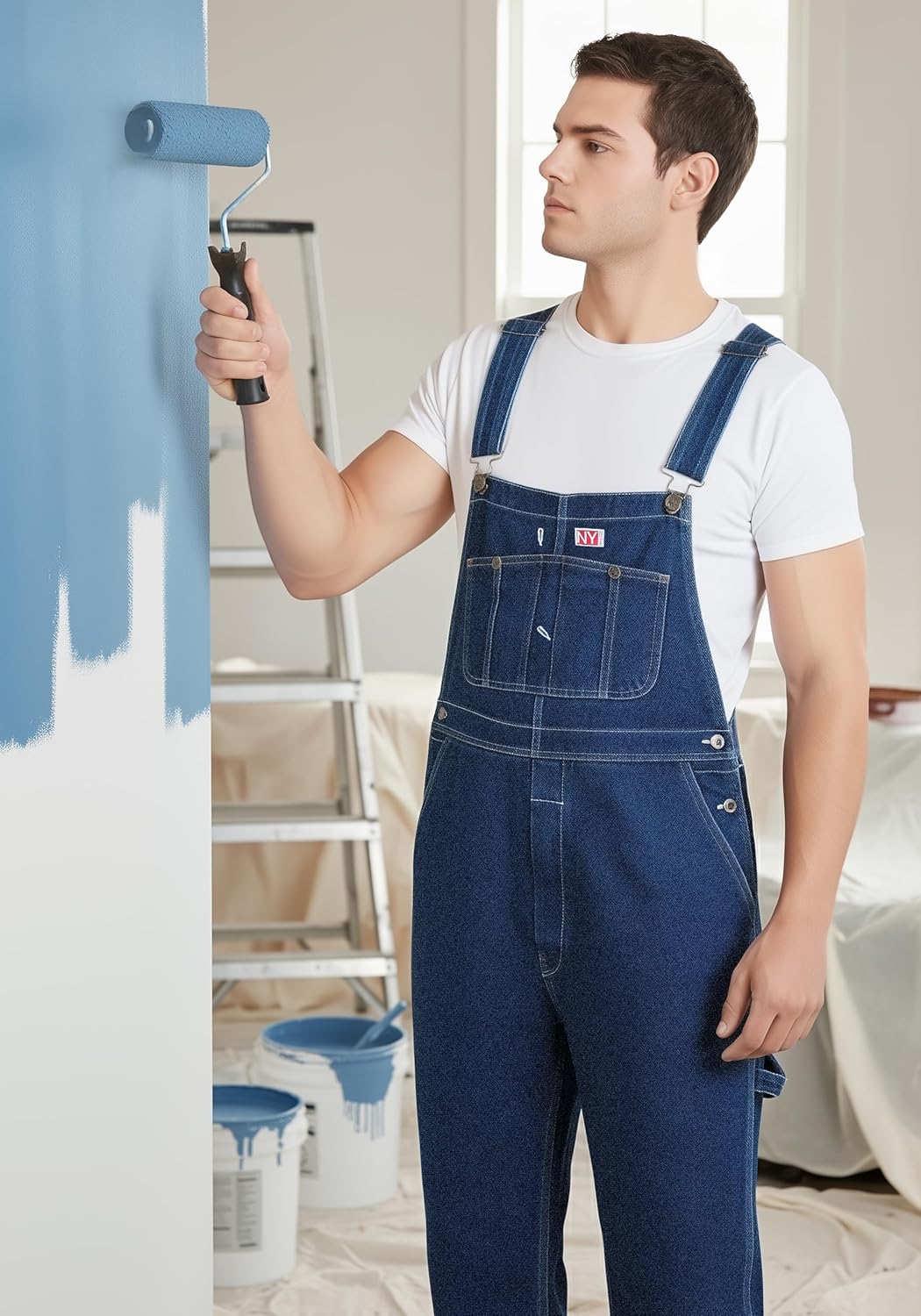 NY Threads Men's Denim Bib Overall Relaxed Fit Workwear with Adjustable Straps and Multiple Pockets