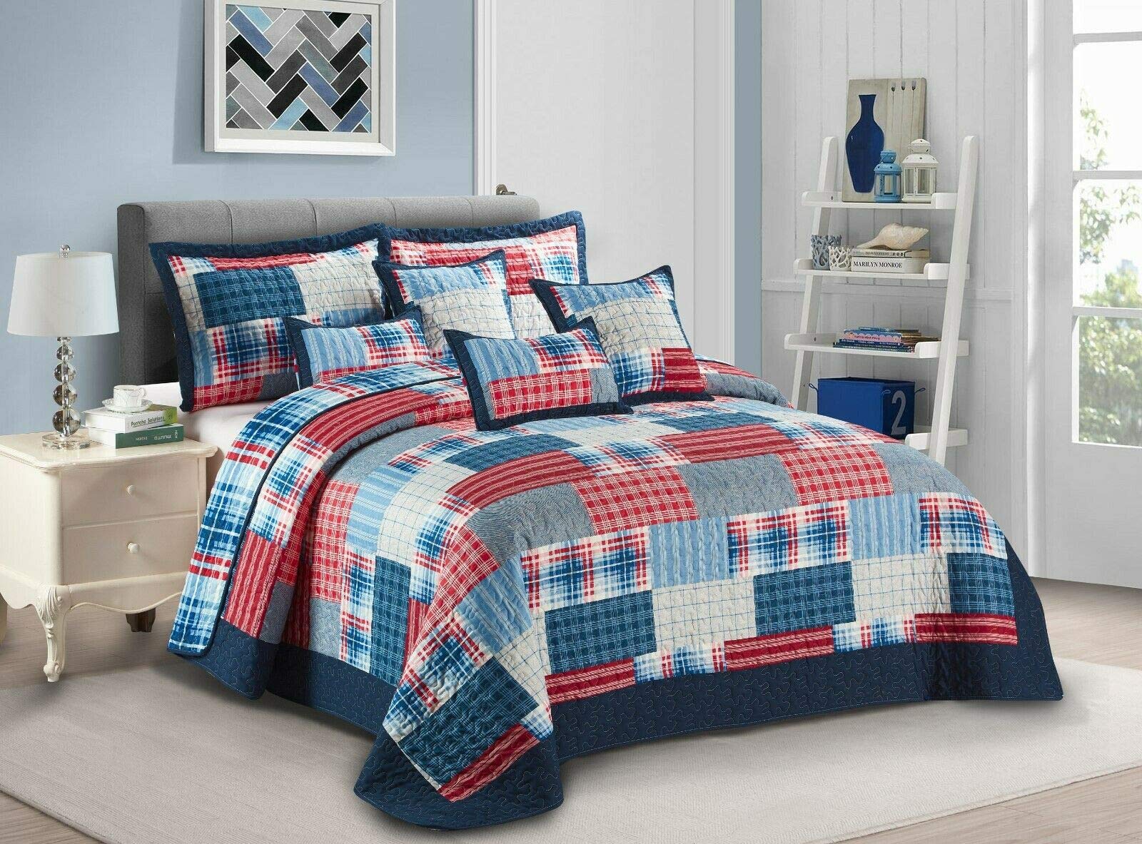 3 Piece Printed Patchwork Bedspread Quilted Comforter Bed Throw with Pillow Sham (Check Denim Red, Super King)