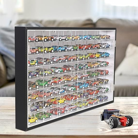 DisplayGifts Hot Wheels 1/64 Scale Diecast Display Case Storage Cabinet Shelf Wall Mount Rack for 56 Slots, 2 Door Design, 98% UV Protection