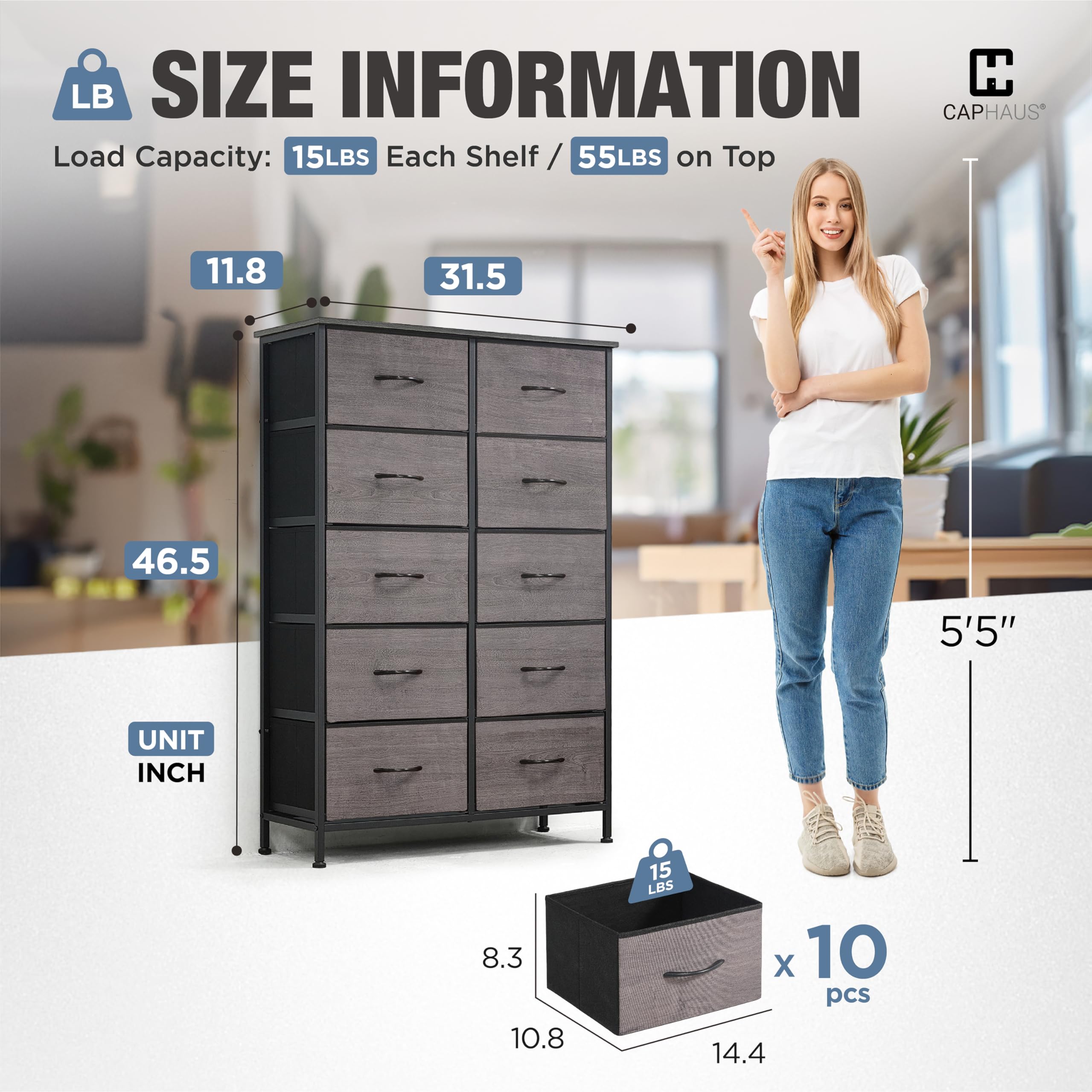 CAPHAUS Drawer Storage Tower w/ 10 Fabric Bins, Laundry Storage, Sorting Unit, Chest of Drawers, Organizer w/ P2 Board Top & Fabric Bins, Organizer Unit for Multi-purpose, Hallway, Office, Grey Oak