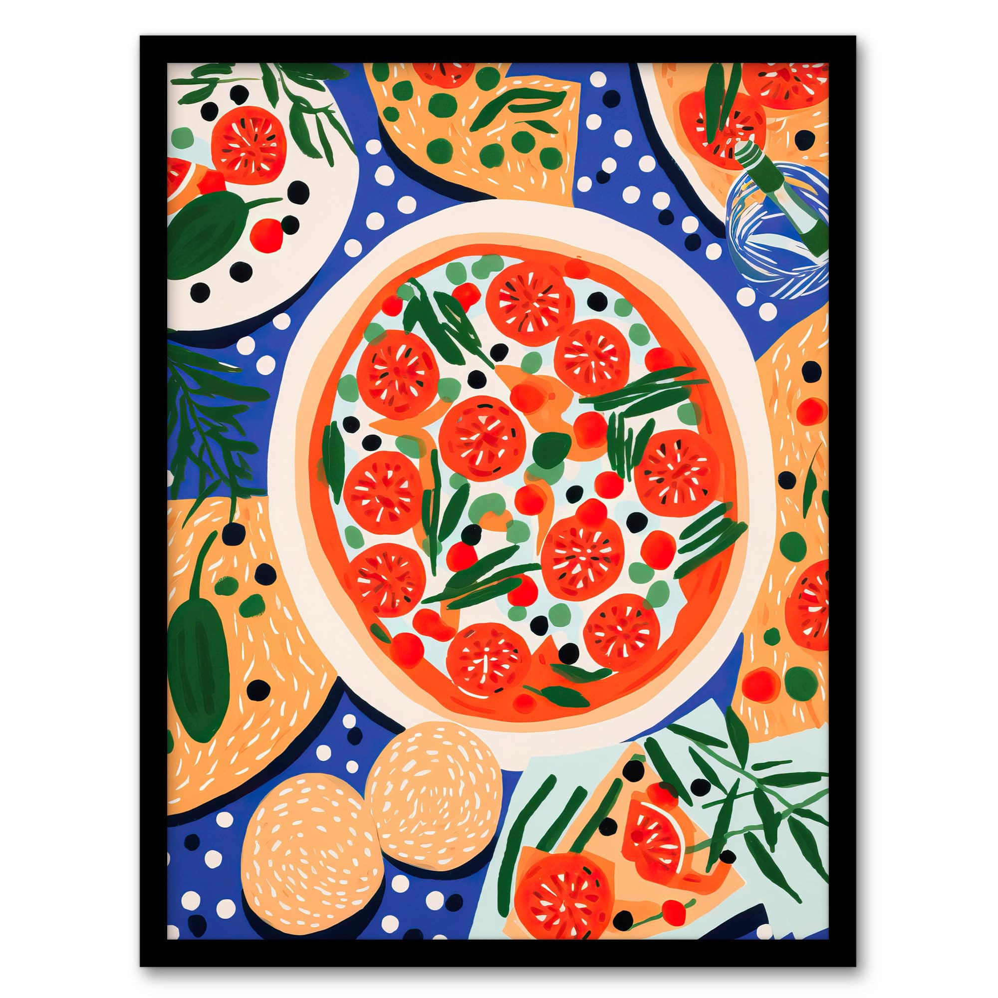 Wee Blue Coo Margherita Mezze Pizza Night Red Orange Blue Abstract Oil Painting Artwork Framed Wall Art Print A4