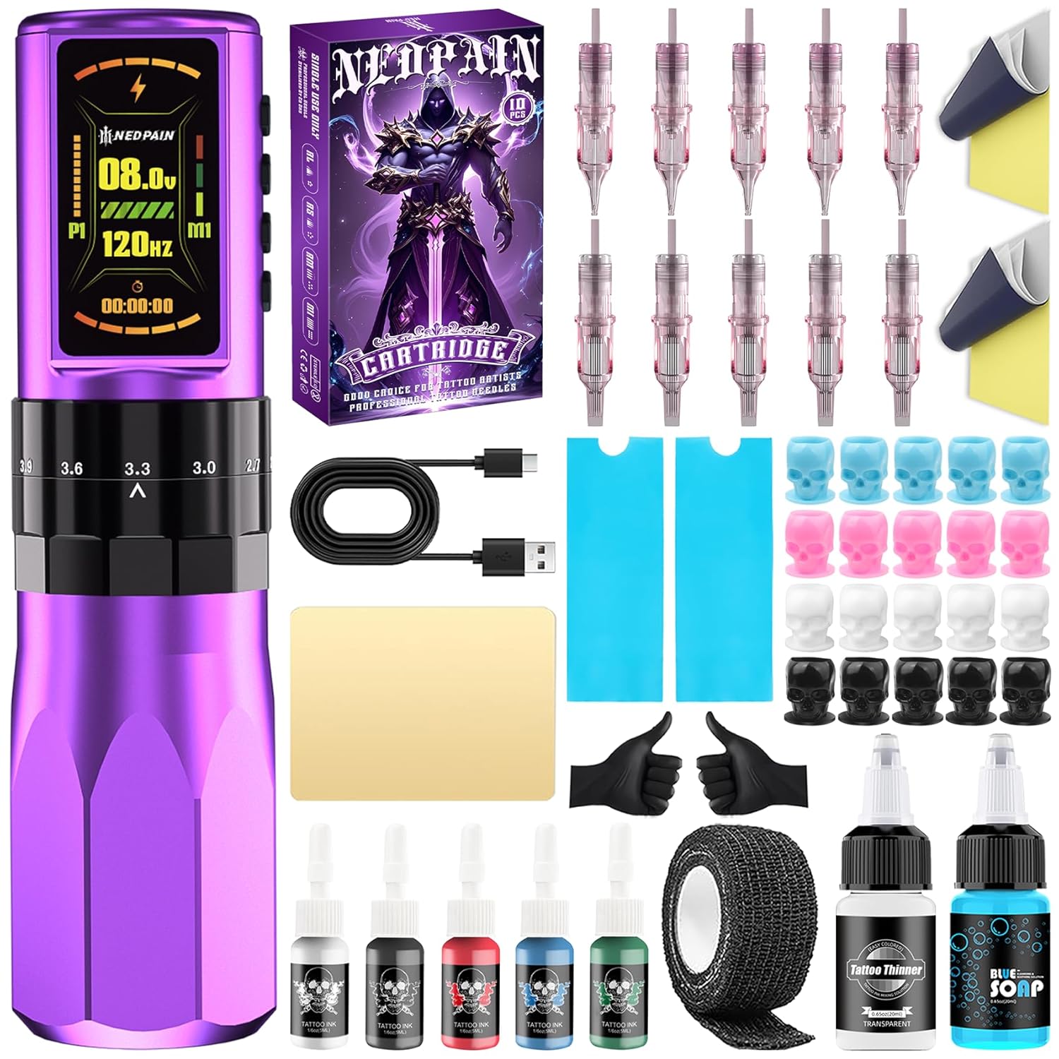 Wireless Tattoo Machine Pen Kit, Adjustable Stroke, 1.47 in, 2400mAh, Dotting and Memory Function, Complete Tattoo Machine Pen Set, Professional Tattoo Equipment for Beginners and Artists