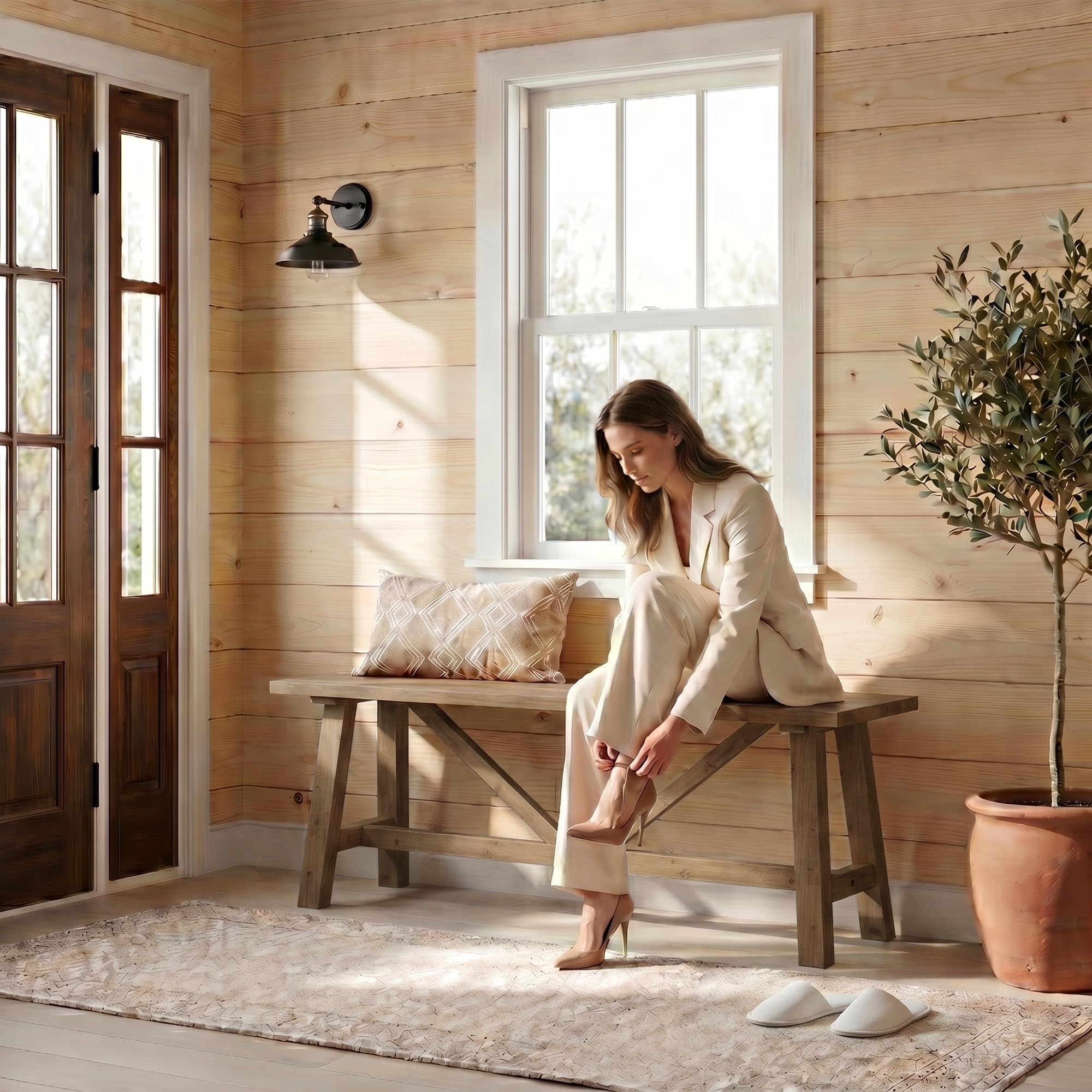 Wnutrees 43" Farmhouse Solid Wood Bench, Narrow Long Seat, Natural | Entryway Seat for End of Bed, Living Room, Dining Area, Hallway