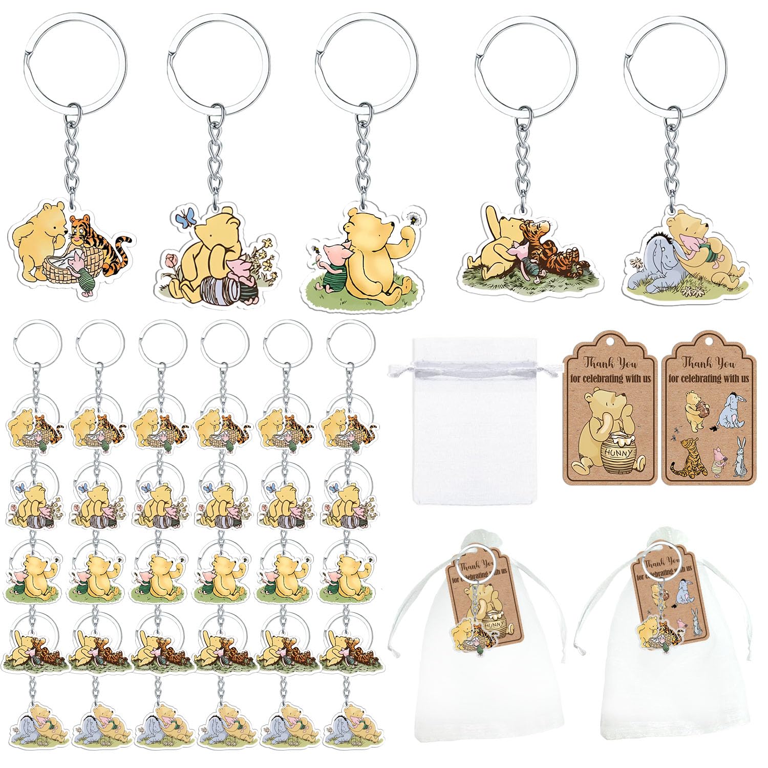 Ggjgrpx 90 Pcs Winnie Baby Shower Favors, 30 Cute Keychain, 30 Organza Bags, Thank You Card Tags for Guests, Gender Reveal Birthday Party Supplies, Thank You Winnie Keychain for Party