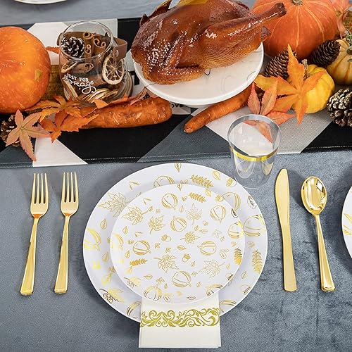 Miniatura 5 de Supernal Juego de vajilla de plástico dorado de 175 piezas, paquete de fiesta de agradecimiento, platos dorados de plástico, diseño de patrón