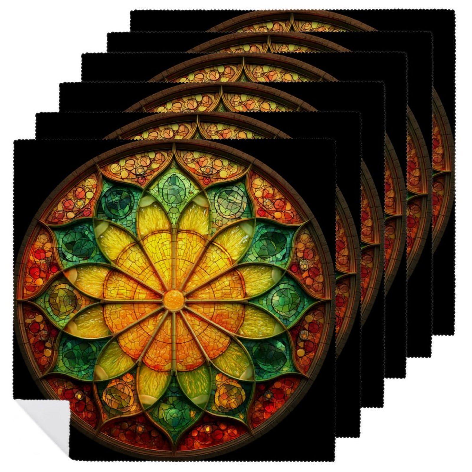 Stained Glass Lemon Slice Orange Green Cloth Napkins Set of 6, Square Premium Reusable Washable Polyester Table Linen Napkin for Dinner Party