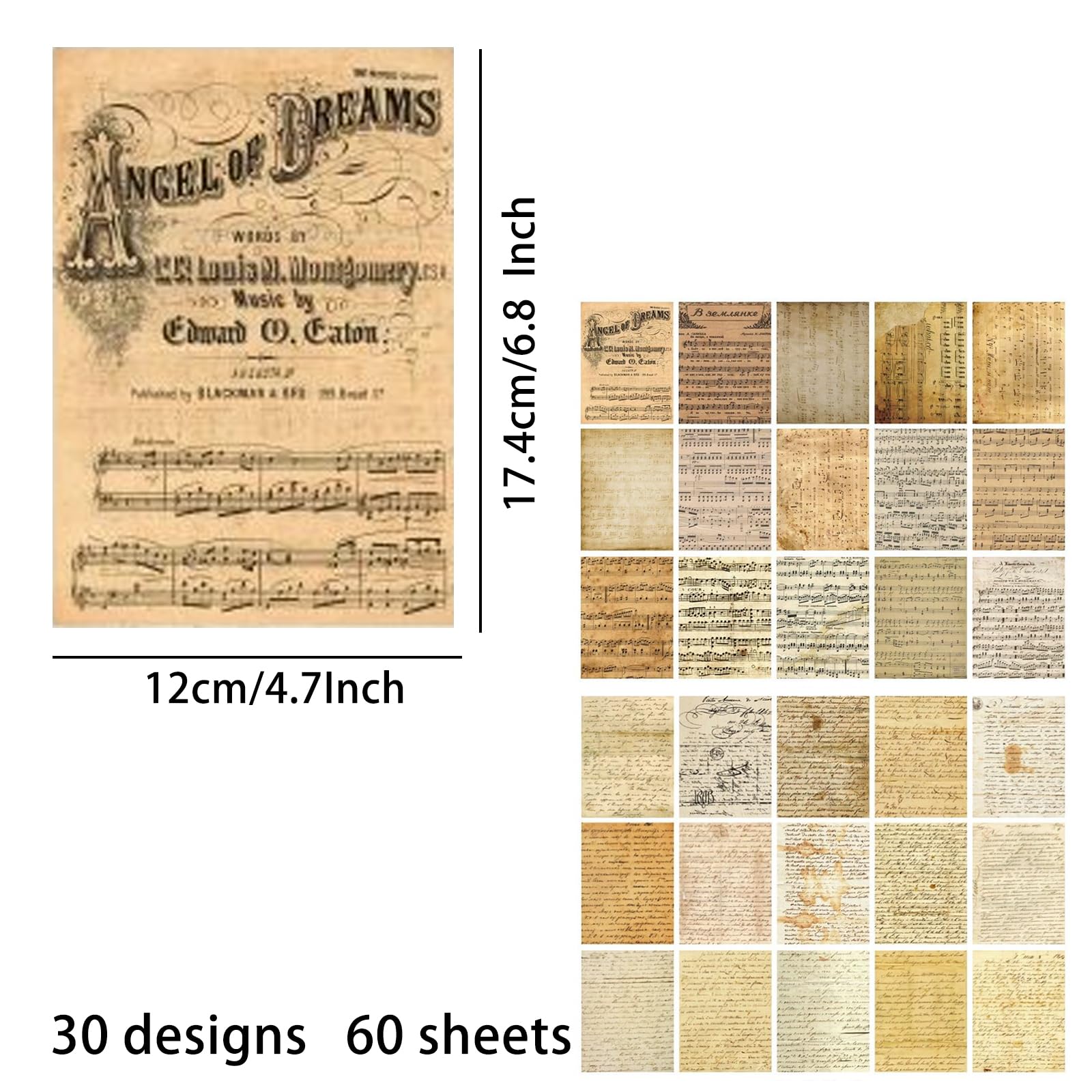 Zestaw papieru w stylu vintage, do scrapbookingu, papieru, śmieci, dziennika, 10 x 16 cm, do scrapbookingu, tworzenia kart, 30 wzorów, pakowania prezentów, antyczne melodie, pożółkłe litery, 60