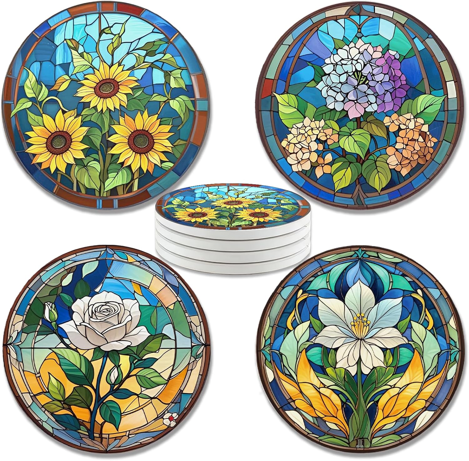 zcyhtqp, Funny Absorbent Round Ceramic Stone Coasters Set of 4 with Cork Base,Vintage Floral Ceramic Coaster, Gifts for Home, Kitchen, Bar, Coffee Table, Office Table Décor