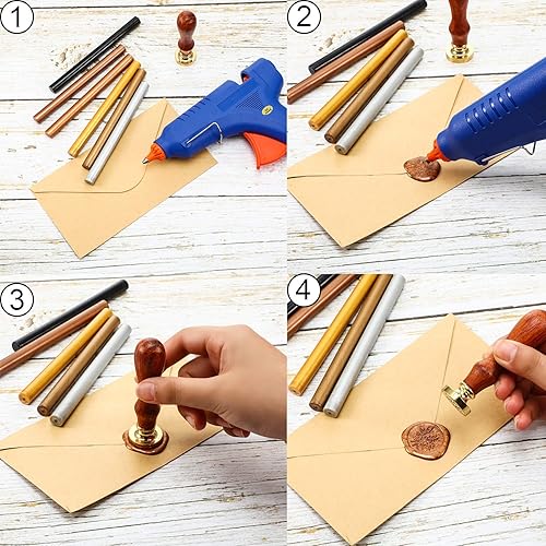 Miniatura 6 de Nuanchu 15 varillas de cera para sellado de pistola de pegamento para sello de cera retro vintage y letras, ideal para invitaciones de boda, sobres