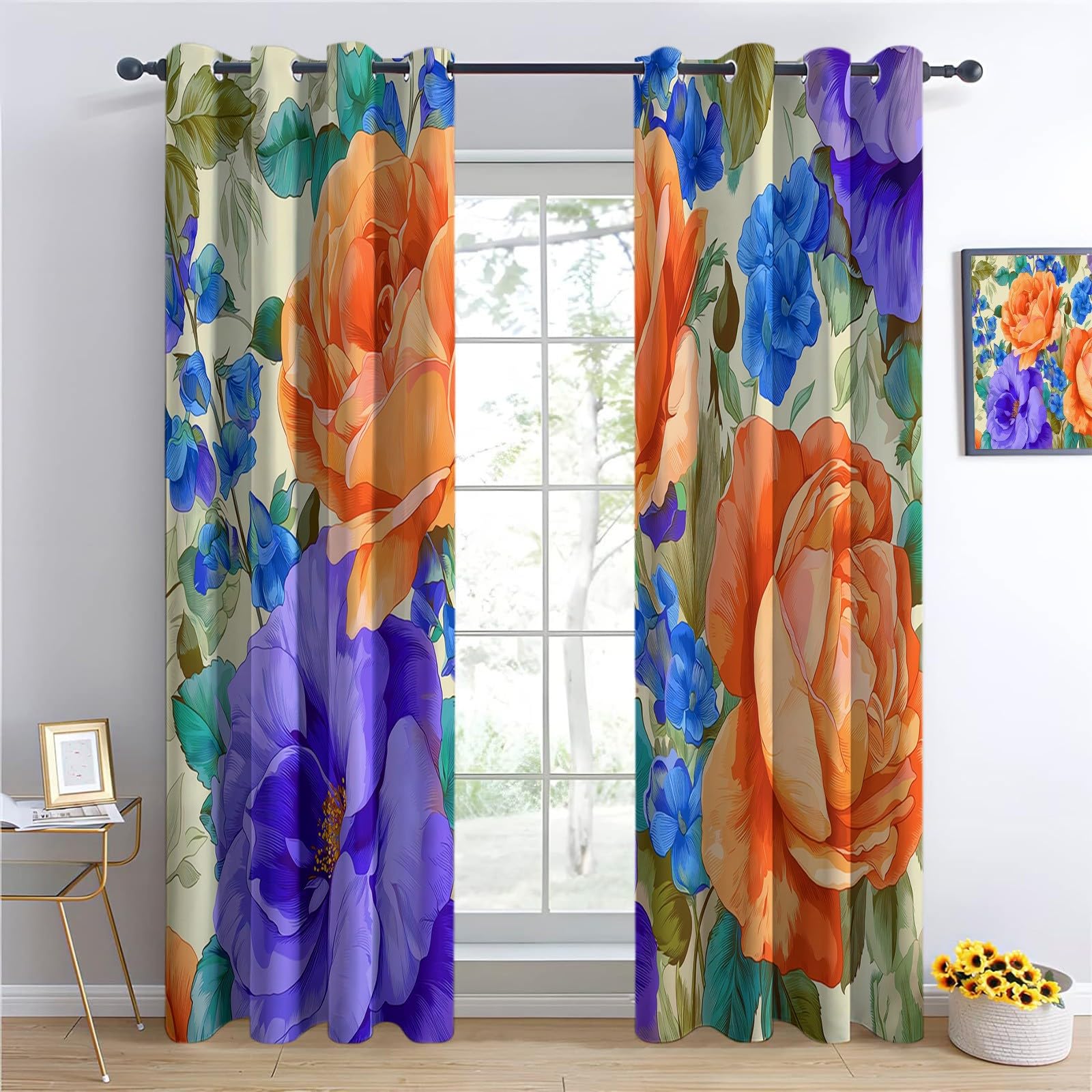Kinderzimmer Vorhänge Retro Floral Verdunkelungsvorhang Blickdicht mit Ösen, Hellviolett Druck Dekoration Gardinen - für Jungen & Mädchen 140 x 245 cm (2er Set)