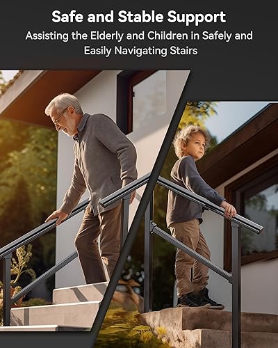 Miniatura 2 de ZeroPone Pasamanos de exterior de 4 escalones para escalones al aire libre, pasamanos de transición color negro, kit de barandilla de escalera con