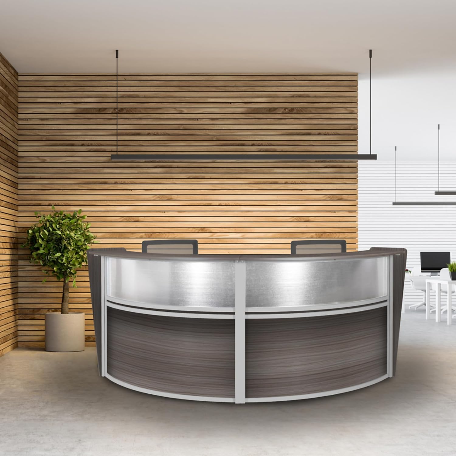 Romig Marque Plexi Double-Unit Reception Curved Desk Workstation “124.25W x 49D” - Driftwood Grey