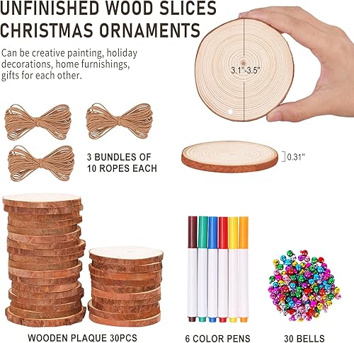 Miniatura 2 de Max Fun Rebanadas de madera natural, 30 piezas de 2.8 a 3.5 pulgadas, adornos de Navidad de madera sin terminar, preperforados, círculos de madera