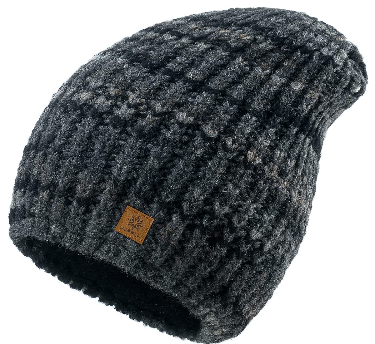 4sold Knit Wool Beanie Hat for Ladies Fleece Line Ski Skull Cap Slouchy Winter Hats for Women Black-Grey