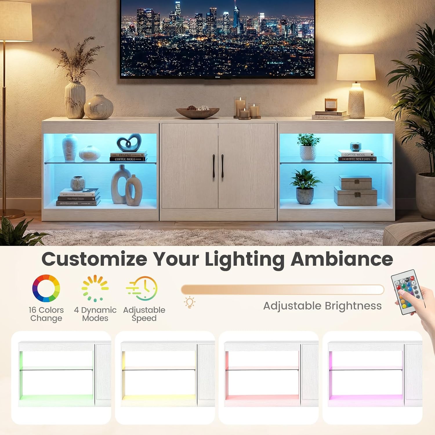 Giantex LED TV Stand for 85 Inch TV, Modern Entertainment Center with Power Outlets, Customizable LED Lights & Adjustable Glass Shelves, Media TV Console Table for Living Room, Bedroom (White)