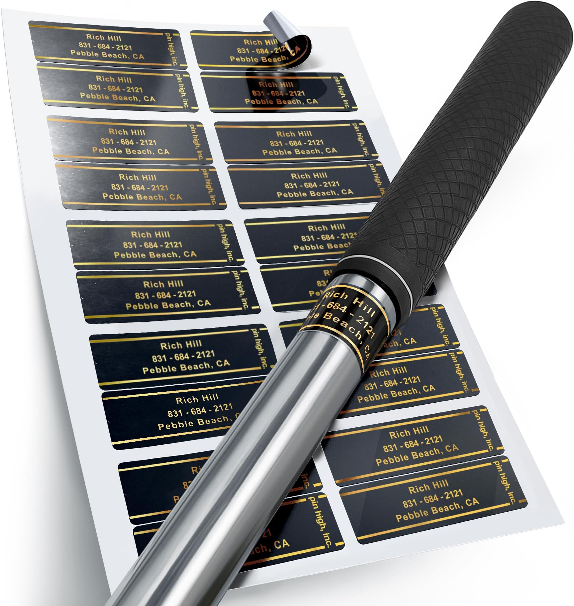 PIN HIGH 20 Personalized Golf Club ID Labels | Weatherproof, Fade Resistant, Laminated Thermal Transfer Labels, Made in The USA, (Free Customization & Shipping), Black