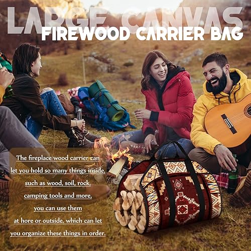 Miniatura 10 de Bolsa de lona grande para leña con asas, de 39 x 18 pulgadas, soporte de madera resistente para chimenea, fogata, camping, accesorios para estufas