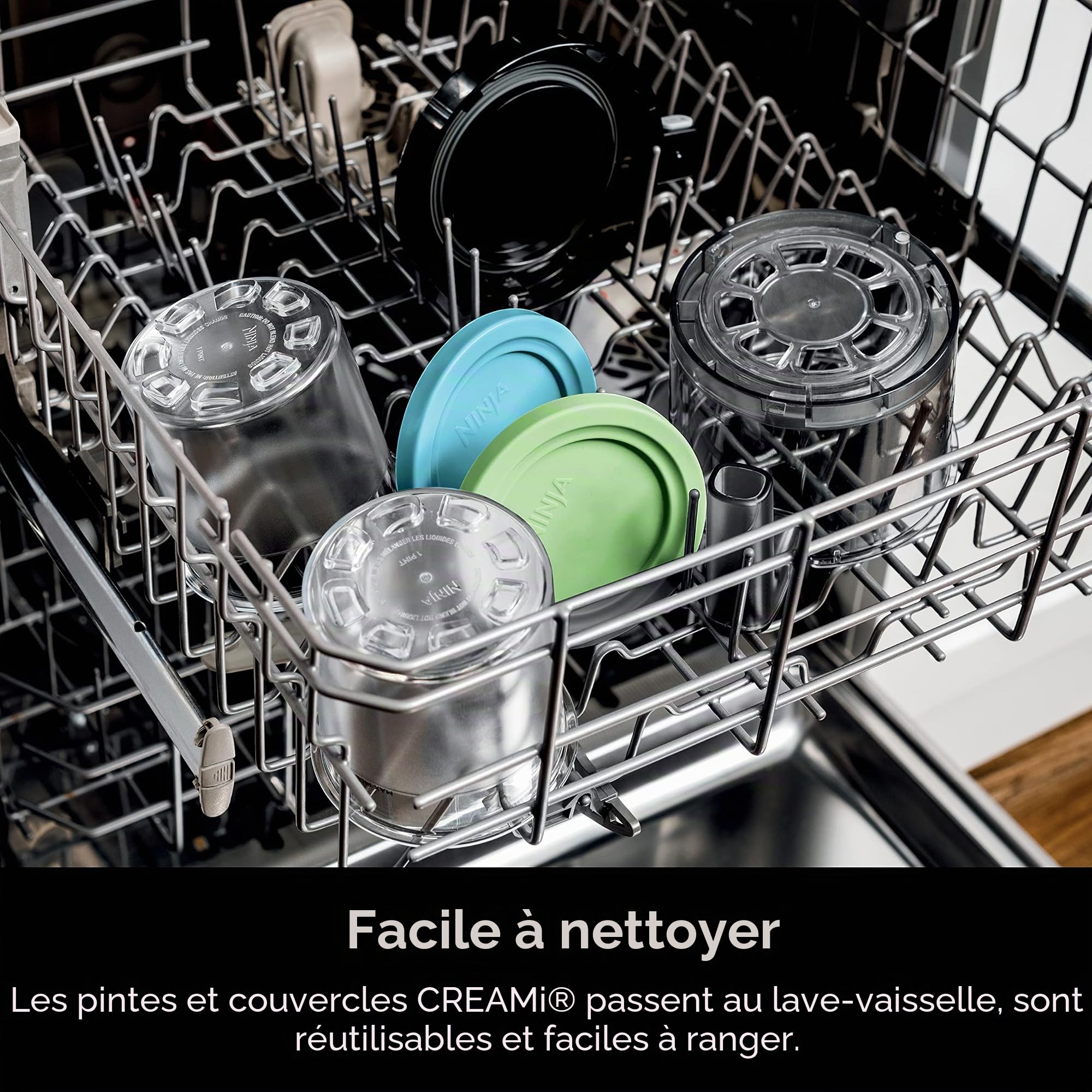 Ninja XSKPLD4BCD Lot de 4 pintes compatibles avec les machines à crème glacée NC299AMZ et NC300s, sans BPA et passent au lave-vaisselle, couvercles colorés, plastique transparent/gris/citron