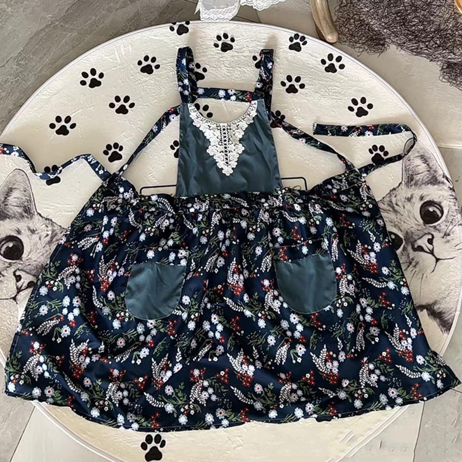 Sukienka-fartuch w stylu vintage dla kobiet z kieszeniami, kwiatowy fartuszek kucharski do gotowania, pieczenia, ogrodnictwa, bawełniany, niebieski, rozmiar uniwersalny (niebieski, rozmiar uniwer