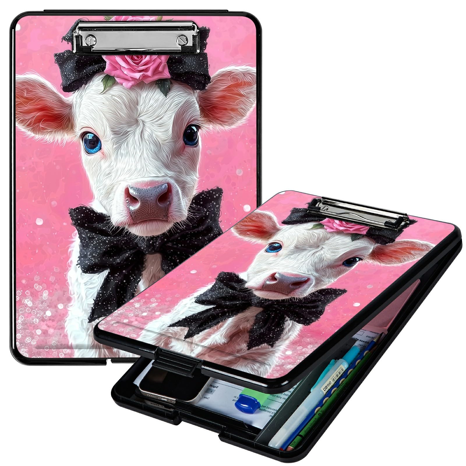 RWUTYTIUL Heavy Duty Storage Clipboard, Slim Nursing Clipboard with Internal Pen Case, Portable File Organizer Case for A4 Letter Size Paper Office Medical Professionals, Pink Flower White Cow
