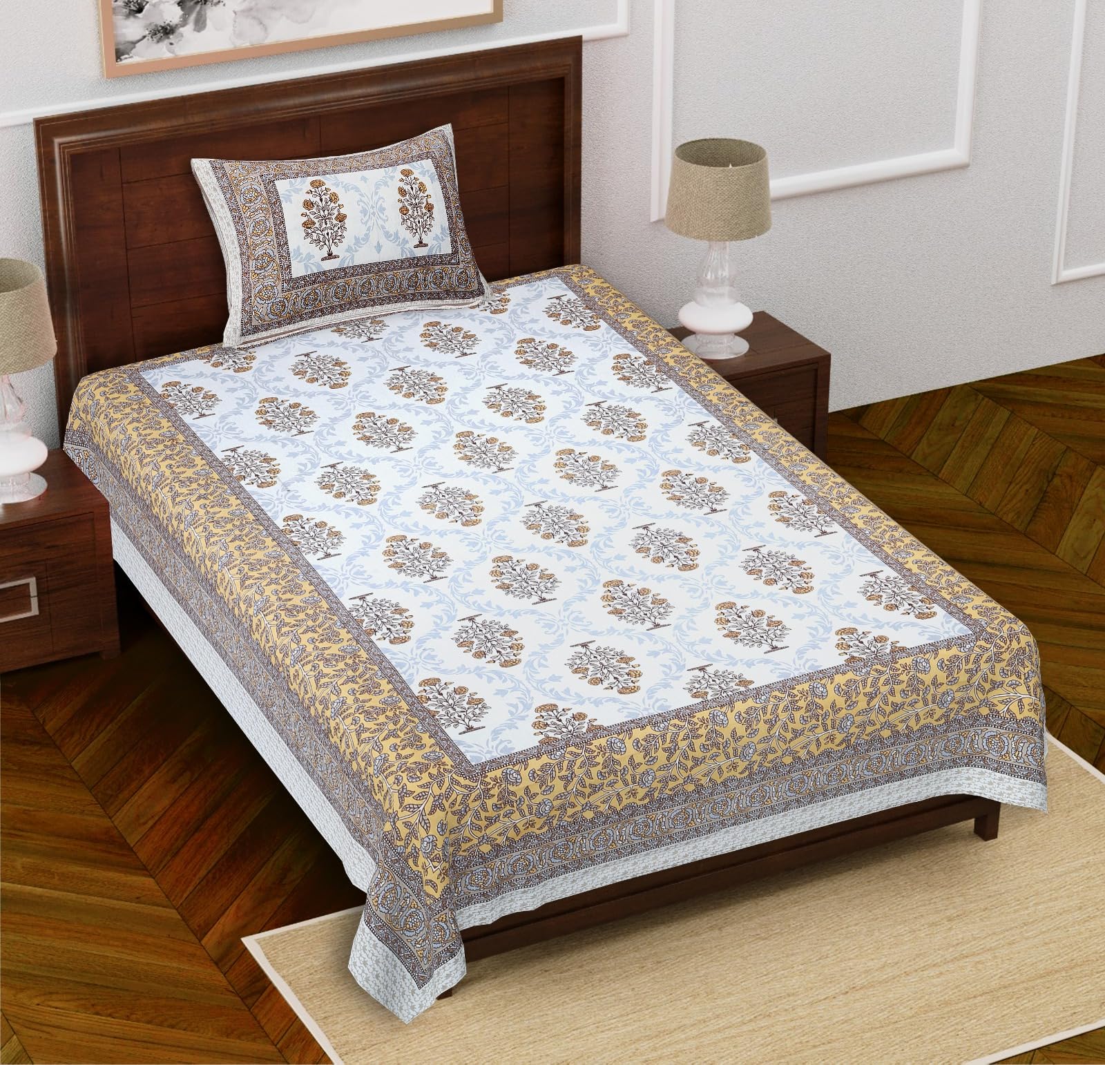 RajasthaniKart® Cotton Single Bedsheet with 1 Pillow Cover Single_PSP_112 Yellow Floral (B0D6BVDQG2) Amazon Price History, Amazon Price Tracker