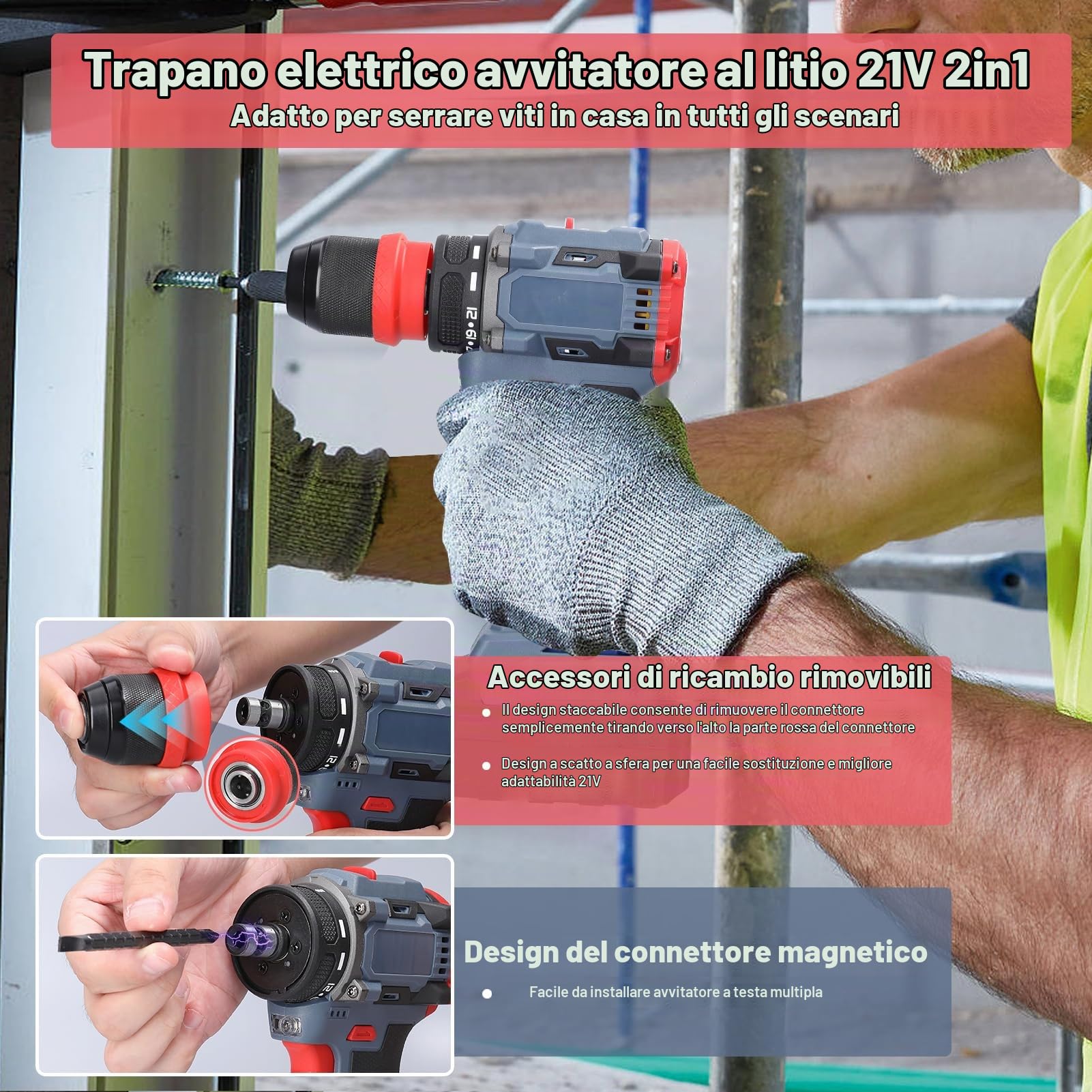 Weytoll Trapano Avvitatore Batteria 21V 2in1 Motore brushless con coppia di 55 Nm per elettrodomestici Installazione di mobili Riparazione di componenti elettronici automobilistici