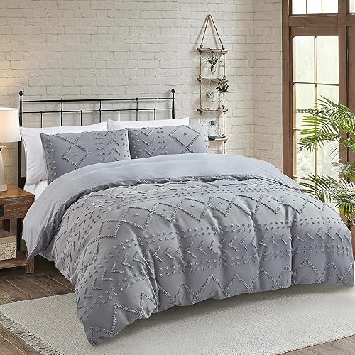Miniatura 2 de Funda de edredón gris bohemia tamaño Queen - Funda de edredón suave similar al algodón Queen de 3 piezas para todas las estaciones, fundas de
