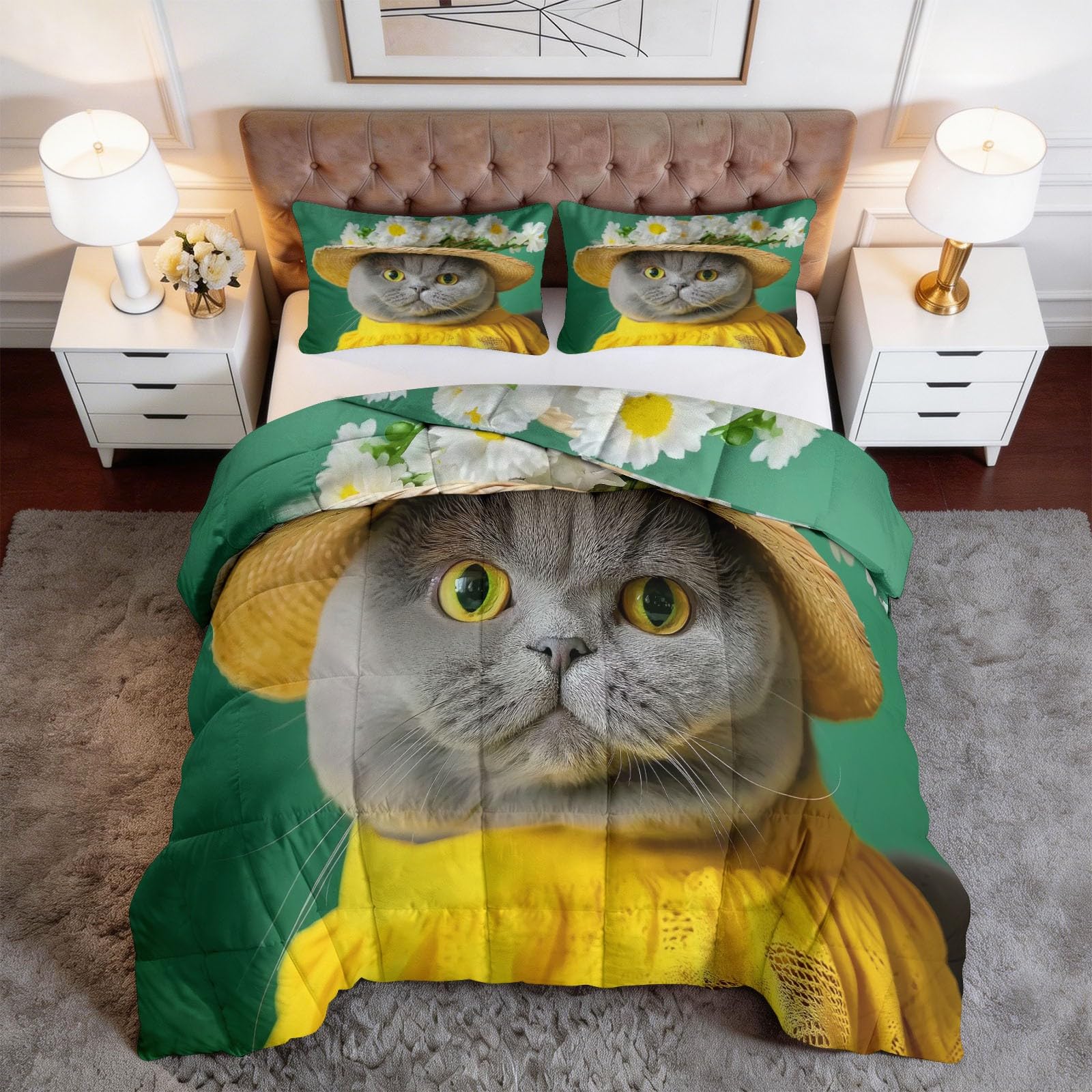 Générique Dwustronna kołdra zwierzęca kot kwiaty 140 x 200 cm, nowoczesna miękka oddychająca kołdra, lekka i oddychająca kołdra z zielonej sosny - komplet pościeli pikowana kołdra zmywalna