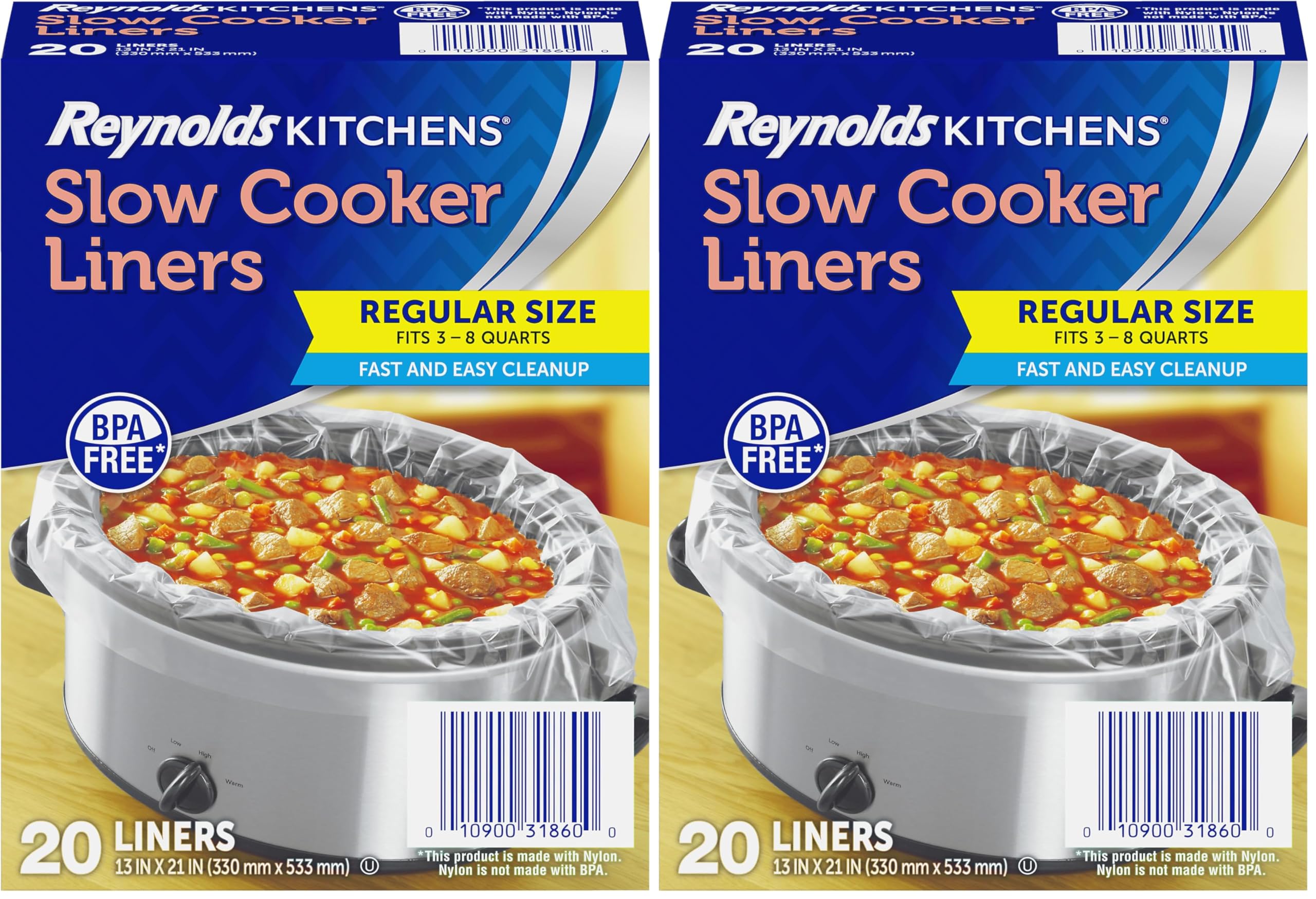 Reynolds Kitchens Slow Cooker Liners Regular Fits 3-8 Quarts 20 Count Pack of 2