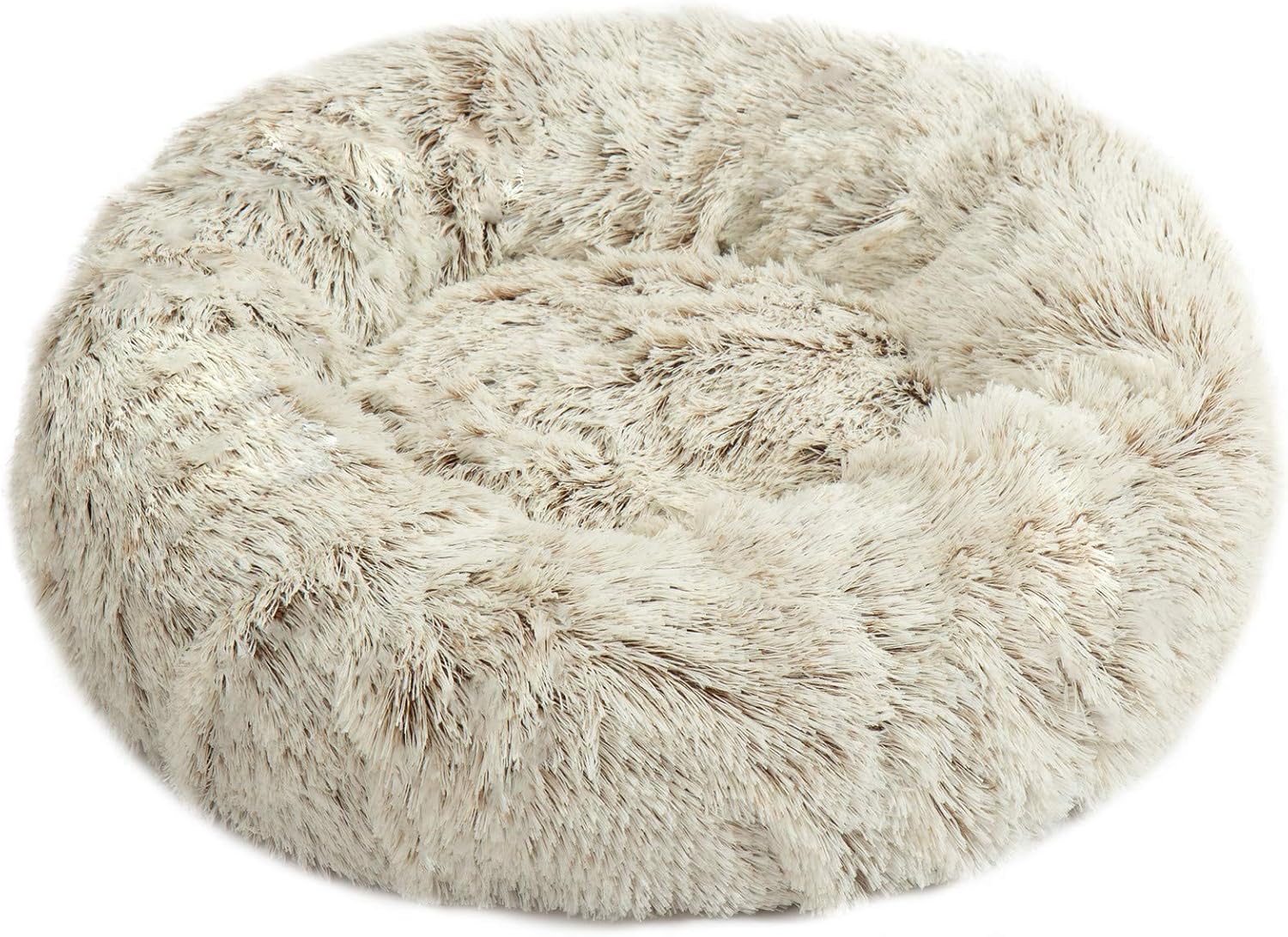Lacher Donut Pet Bed Round Cushion Marshmellow Faux Fur Cuddler, Calming Fluffy Comfy Bed for Dog and Cat (20 in, White Brown)