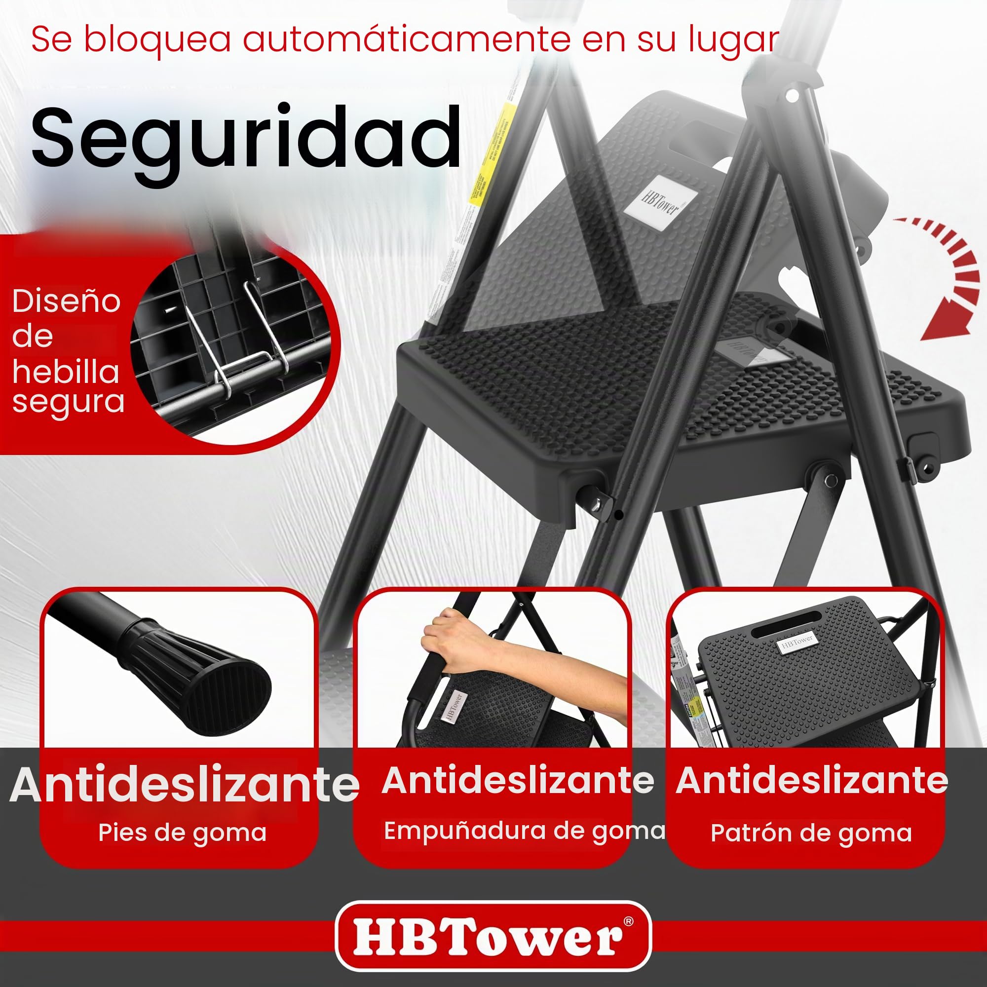 HBTower Escalera 3 Peldaños Plegable, Peldaños Antideslizantes con Asas Cómodas, Escalera Portátil de Acero, Negra