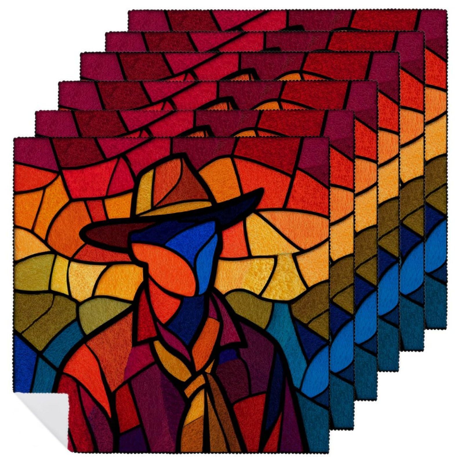 Stained Glass Cowboy Simple Cloth Napkins Set of 6, Square Premium Reusable Washable Polyester Table Linen Napkin for Dinner Party