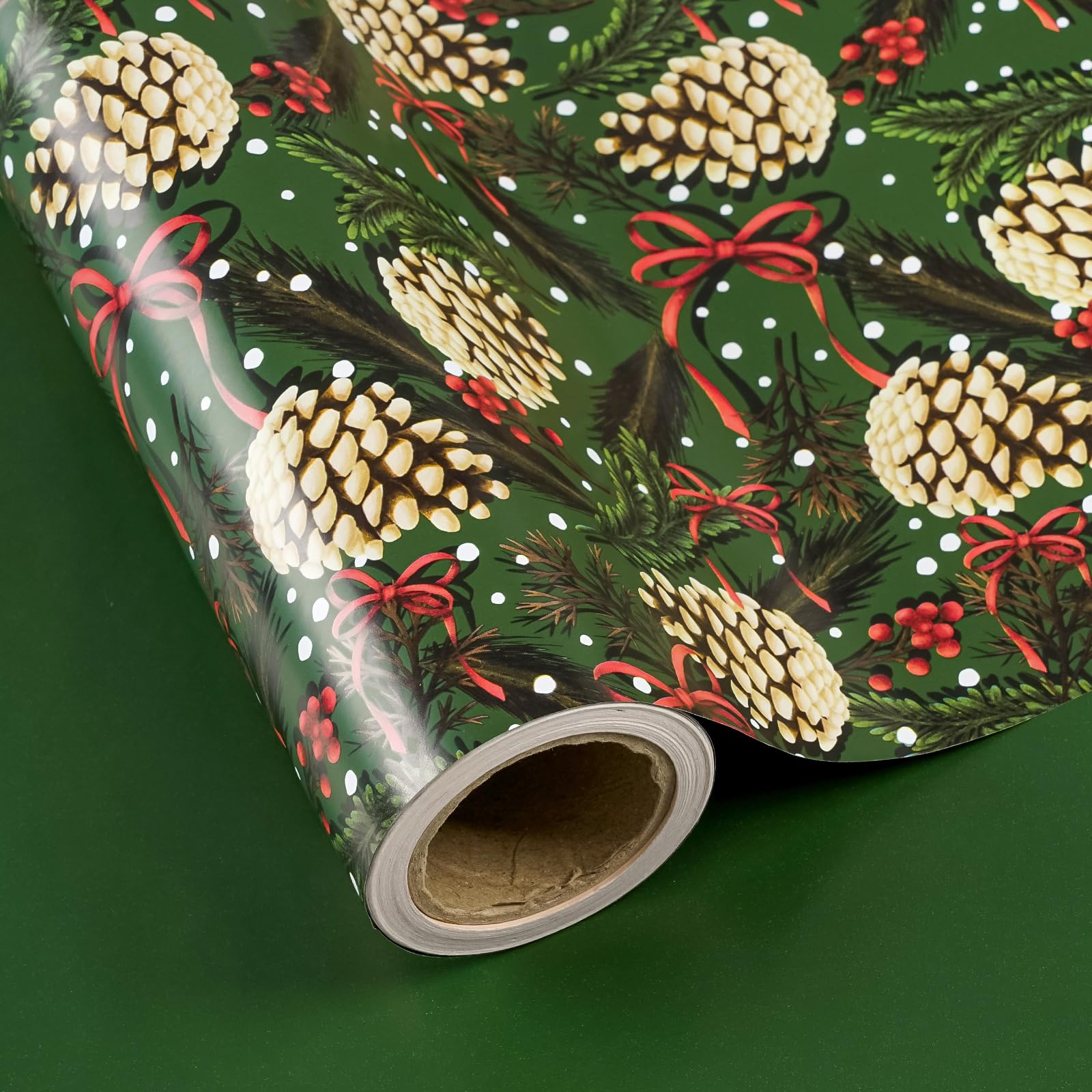 RUSPEPA Reversible Green Christmas Wrapping Paper - Mini Roll - 43.2cm x 10m - Pinecones with Red Bow Wrapping Paper and Solid Green for Xmas, Party Celebration