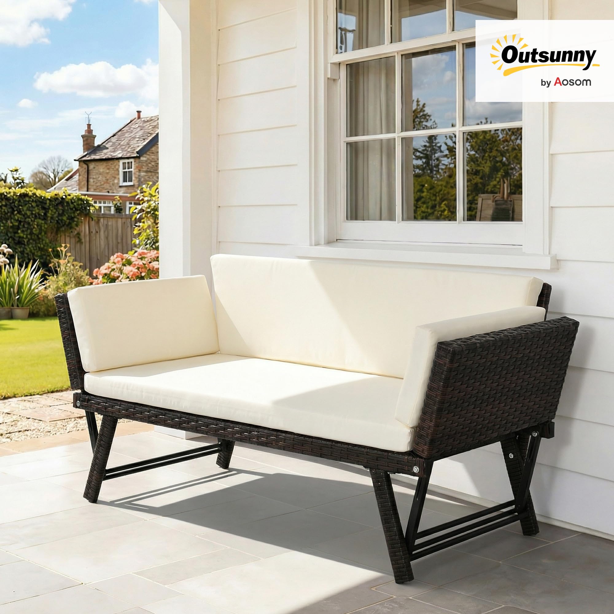 Outsunny Sofá de Ratán de 2 Plazas Convertible en Cama Individual con Reposabrazos Abatibles y Cojines Acolchados Sofá Doble para Exterior Jardín Patio Terraza 129x63x67 cm Beige