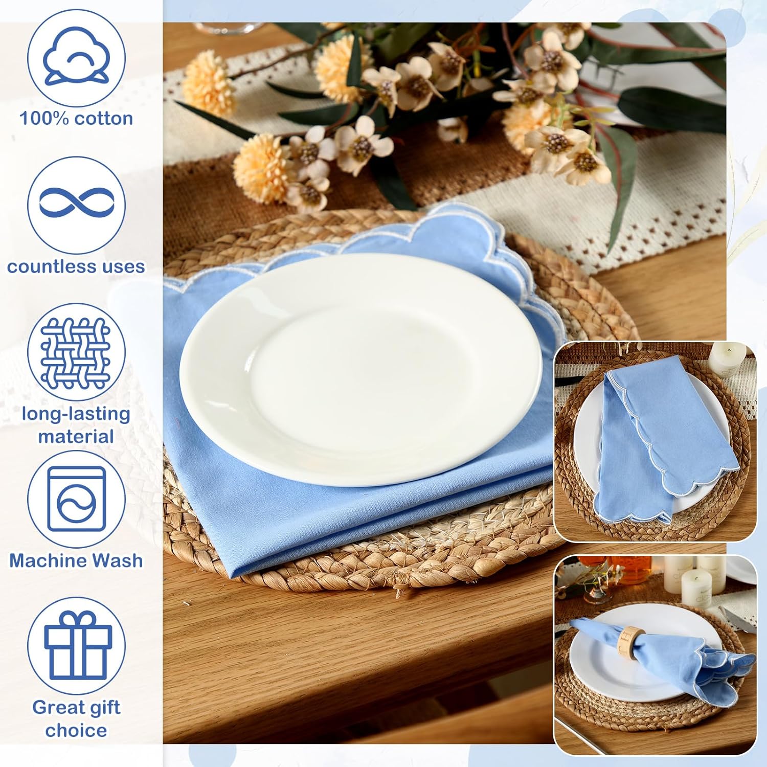 Mindsoft Wedding Cloth Napkins Scalloped Embroidered Dinner Napkins 100% Cotton Reusable Washable 18 x 18 Inch Decorative Table Napkin for Wedding Dinner Restaurant Party Decoration(Blue,8 Pcs)