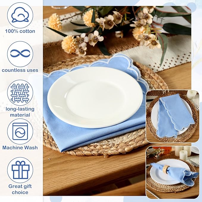 Servilletas de Tela Bordadas Scalloped 8 Piezas 45.72x45.72 cm Azul Algodón miniatura 5