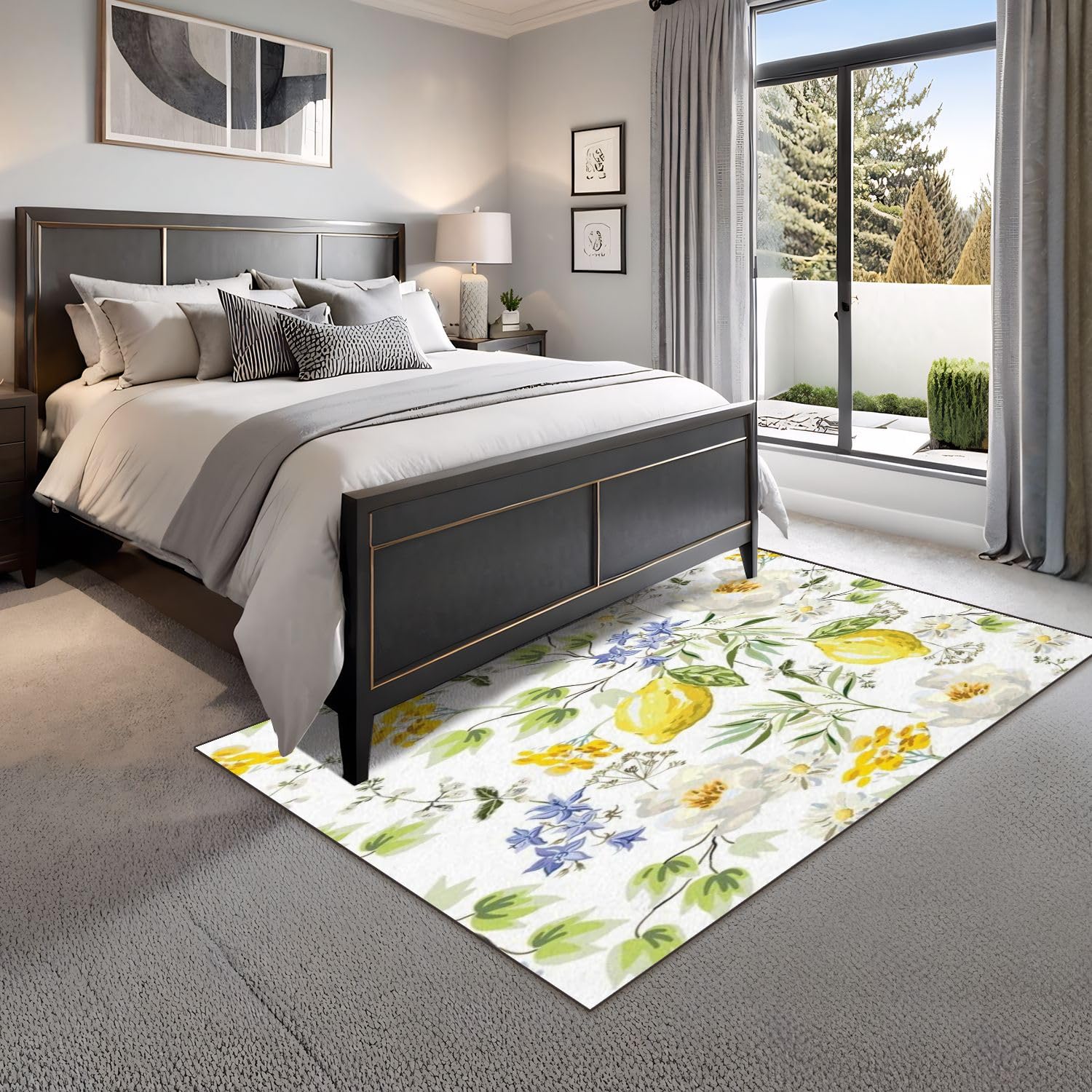 4x5 Boho Rug Rugs for Living Room Rugs for Entryway Peony Yellow Flowers Lemon Fruits Green Leaves White Floral Yellow Bedroom Rug Door Mat Nursery Room Decor Rainbow Carpet