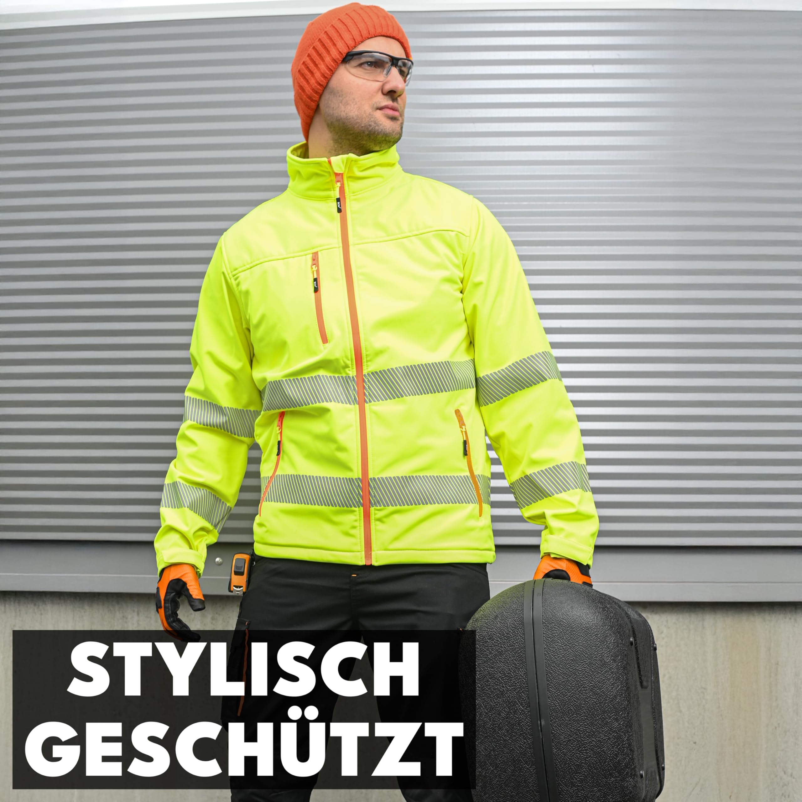ACE Neon Lite Warnschutz-Jacke - Softshell-Warnjacke inkl. Reflektoren und abnehmbarer Kapuze - EN ISO 20471