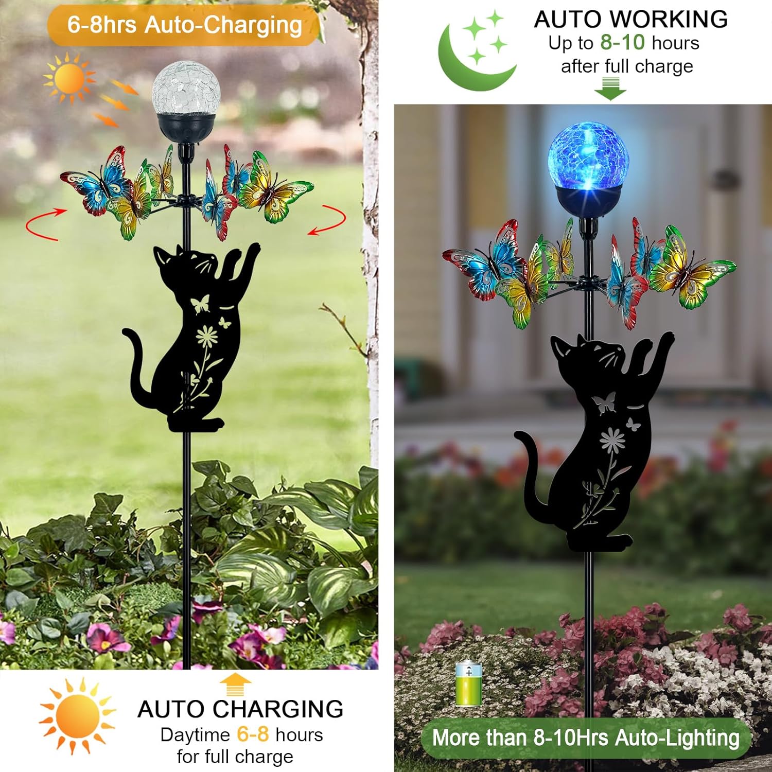 Solar Lights Yard Stakes-Butterfly Wind Spinners,Metal Black Cat Garden Decor with Color Changing LED for Patio,Pathway,Lawn,Walkway,Outdoor Decorative