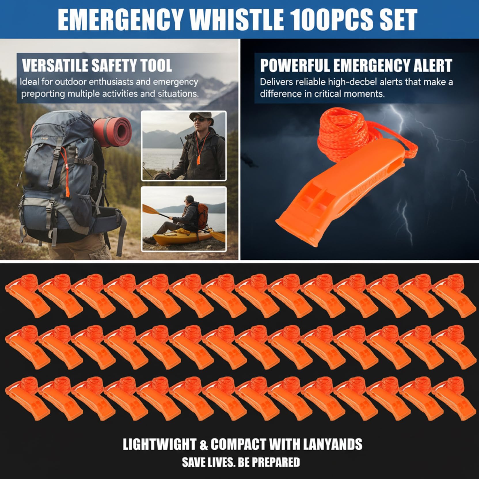 Jorzer Silbato de Emergencia 100PCS Silbato de Seguridad de plástico Ruidoso con cordón Equipo de Supervivencia para Kayak Barco de Pesca Camping Senderismo Caza de Emergencia..