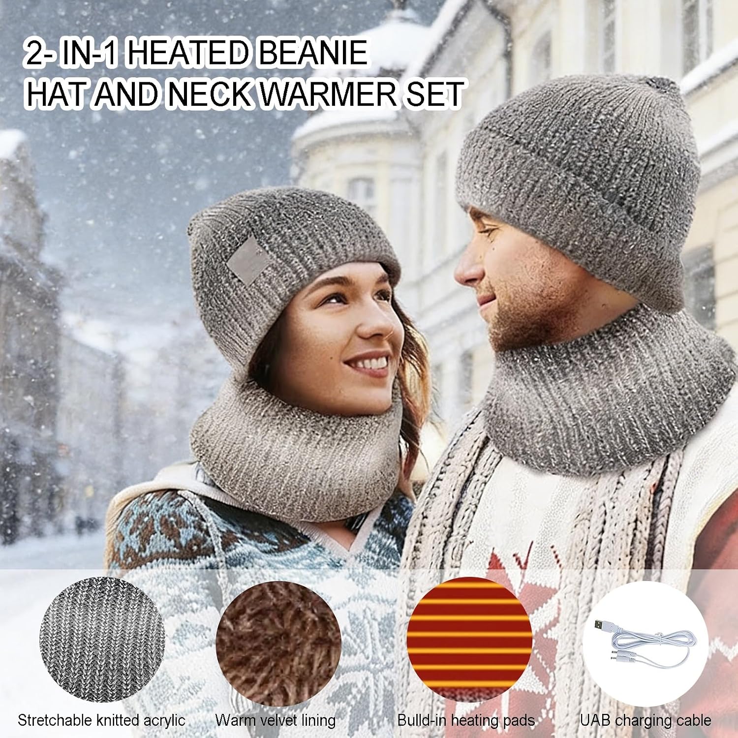 Heated Beanie for Women, 2 in 1 Beanie Hat with Scarf, Fleece Skull Cap Neck Warmer, Protector for Cold