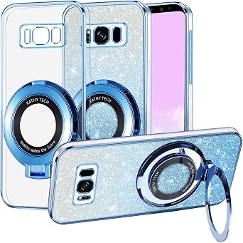 Phone Case for Samsung Galaxy S8 Plus Clear Glitter Magnetic with Ring Stand for Compatible with MagSafe Silicone Cover Slim Cute for Samsung S8 Plus Case Bling Blue