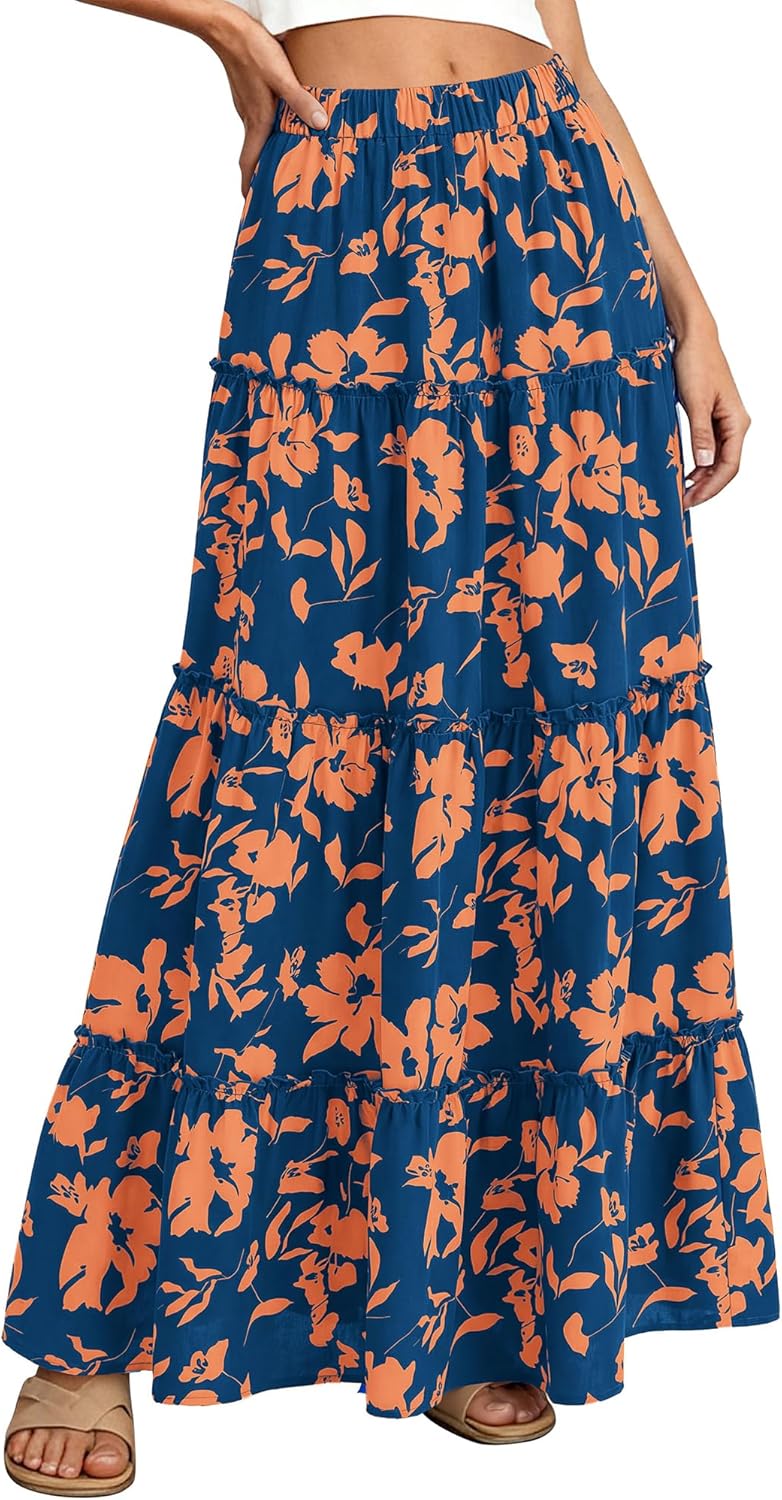 BTFBM Floral Maxi Skirts for Women Summer Spring 2026 Elastic Waist Tiered Flowy Beach Vacation Boho Midi Long Skirt