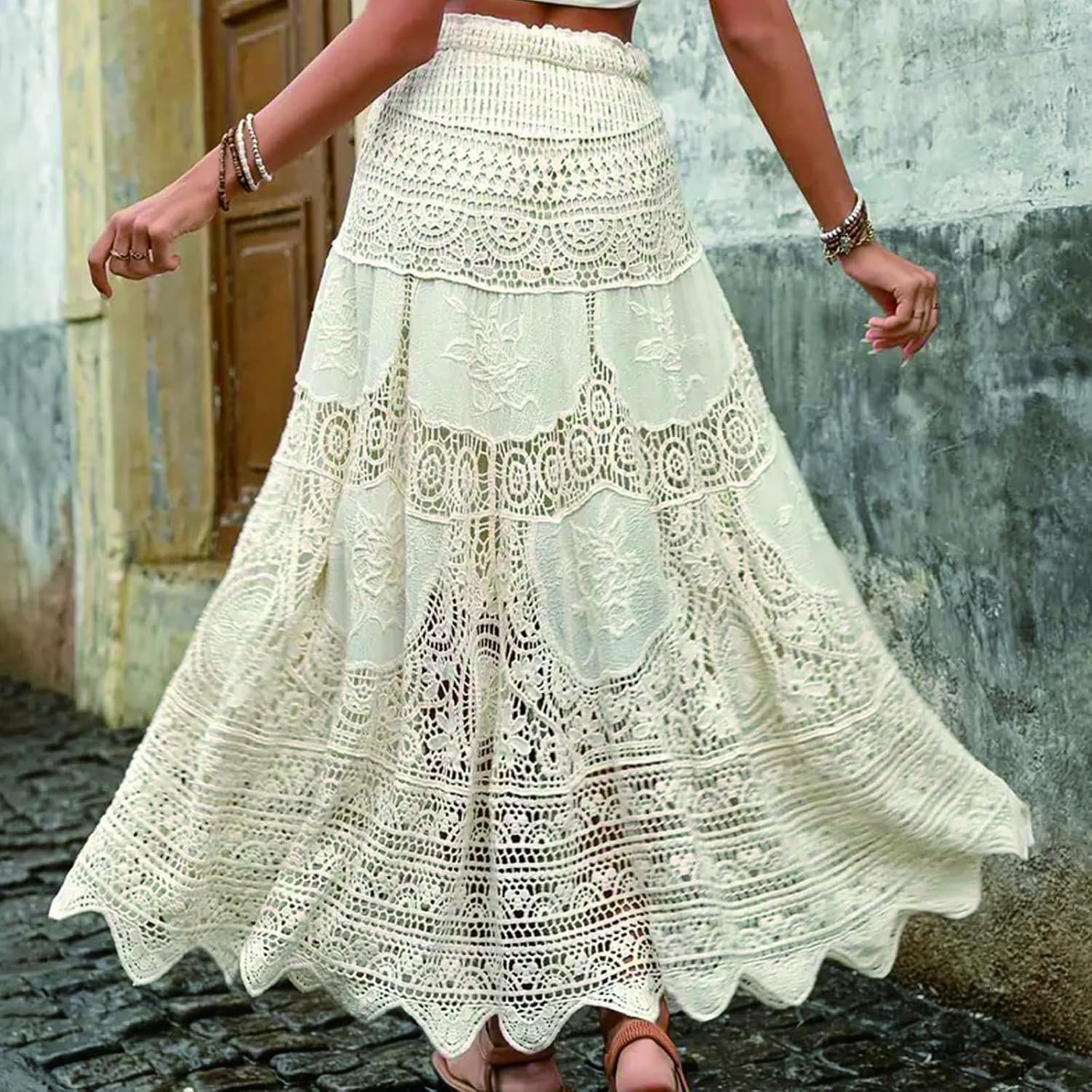 Womens Boho Crochet Long Skirt Flowy a Line Elastic High Waist Knit Eyelet Beach Maxi Skirt for Summer - Image 3