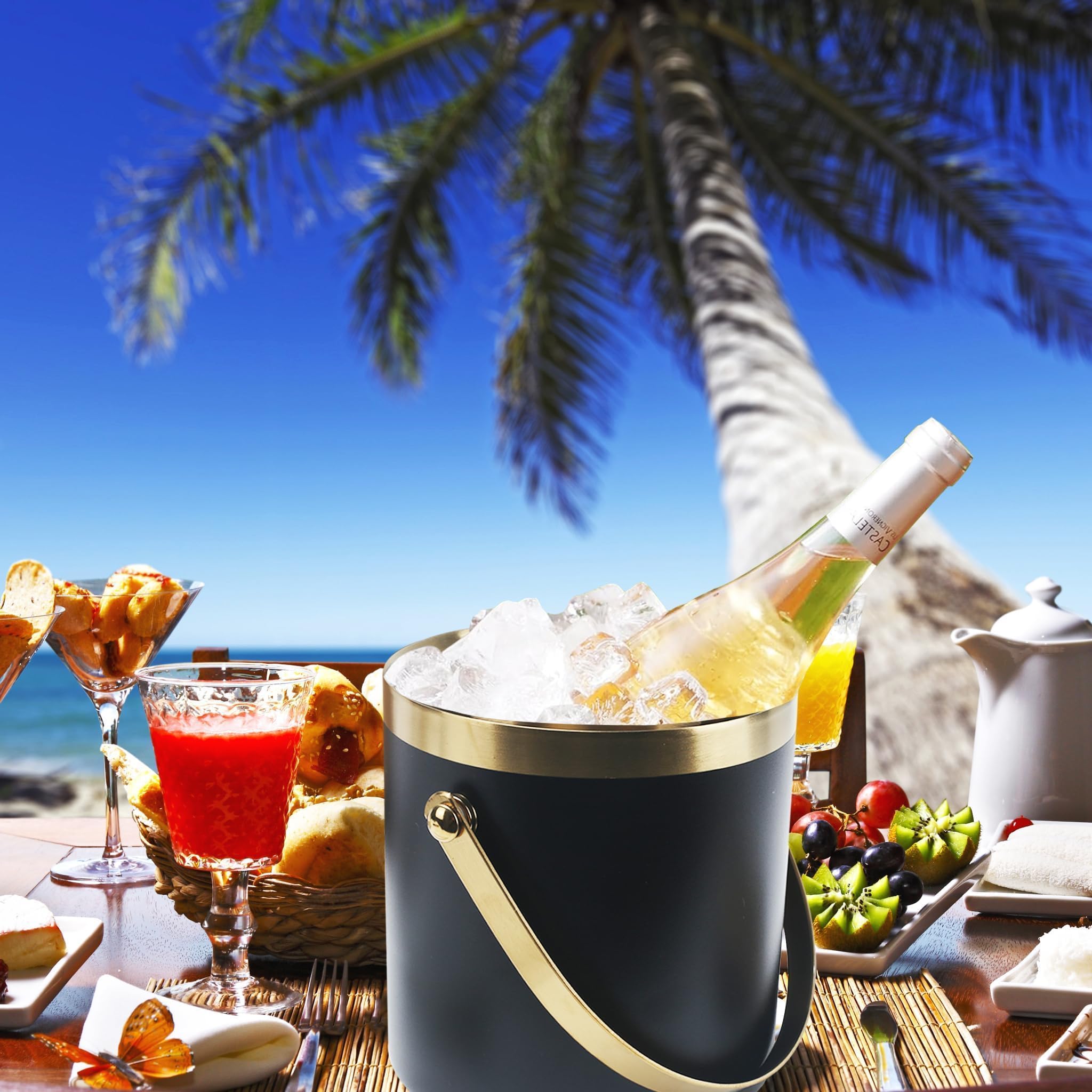 3L cubiteras para hielo grande hielera portátil cubiteras para botellas de doble pared de acero inoxidable champanera con Tapa Colador Cuchara hielo y Pinza para Bar Fiestas de picnics Negro