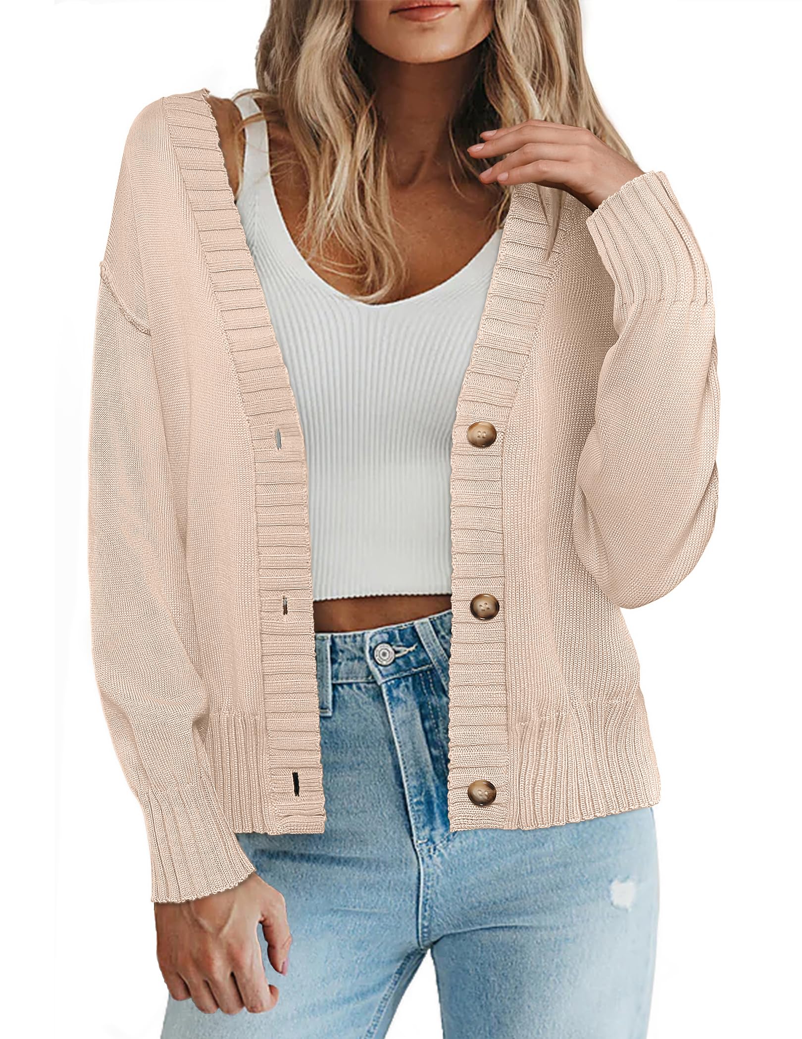 Zeagoo Strickjacke Damen Elegant Cardigan Mit Knöpfen V-Ausschnitt Grobstrick Locker Weiche Kuschelige Strick Pulloverjacke Herbst Winter